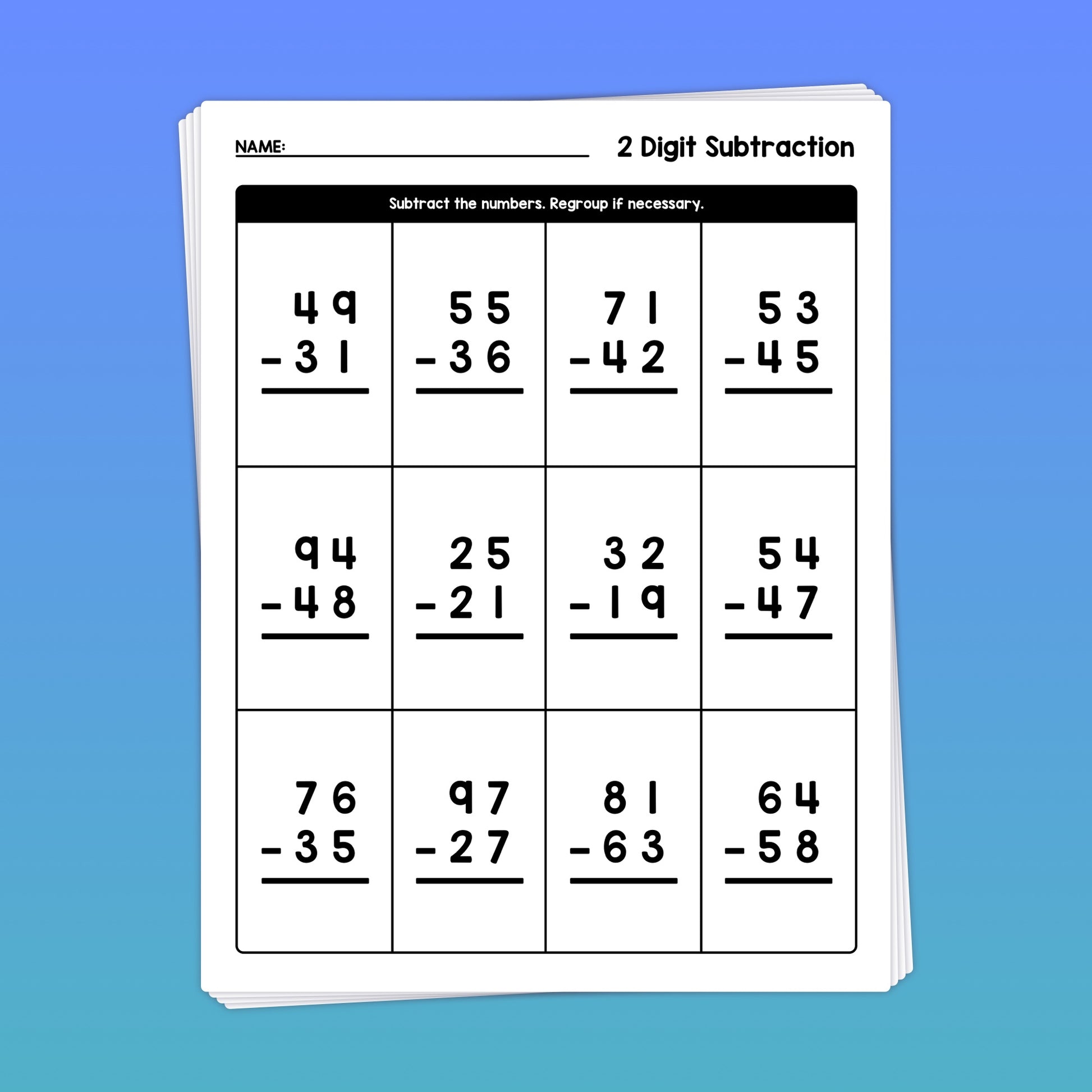2 digit subtraction worksheets for 1st grade, 2nd grade, and 3rd grade