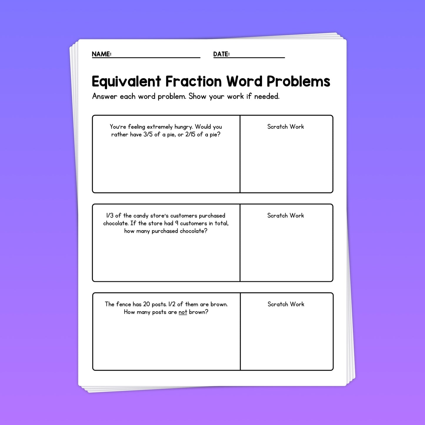 Equivalent fraction word problems math center