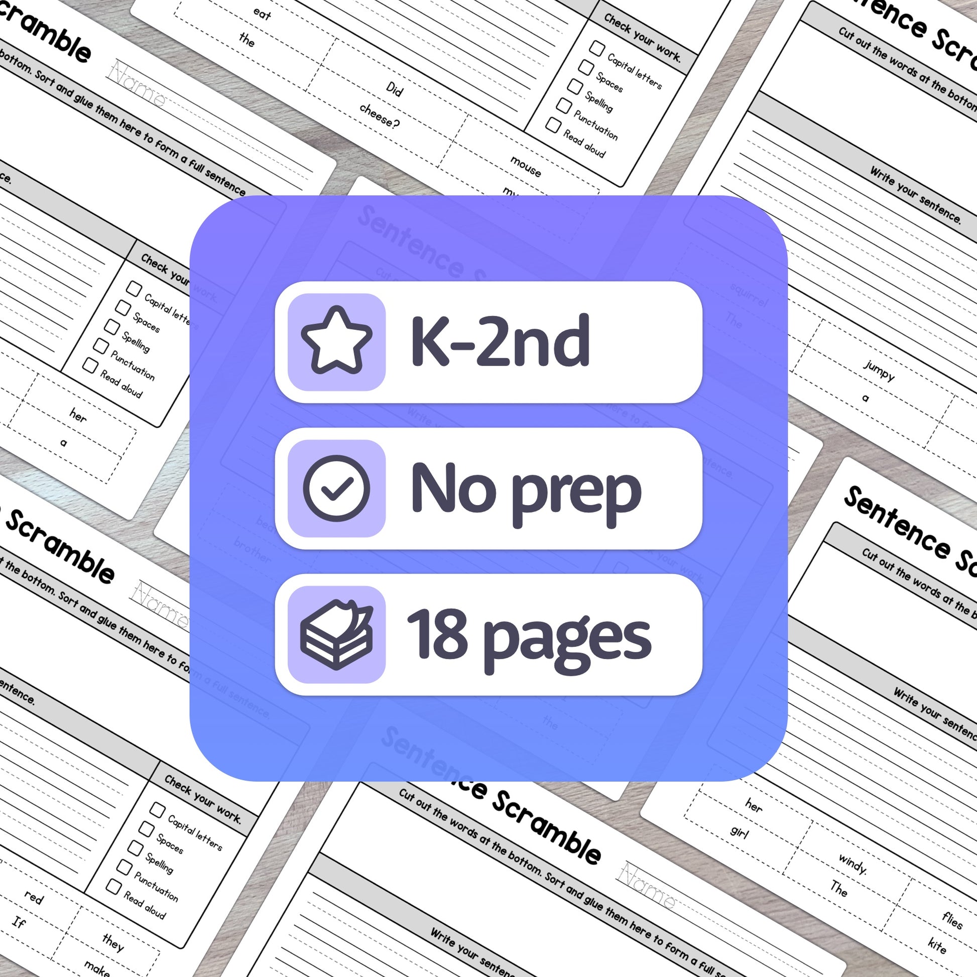 Sentence scramble worksheets for K-2nd grade, no prep, 18 pages of tasks.