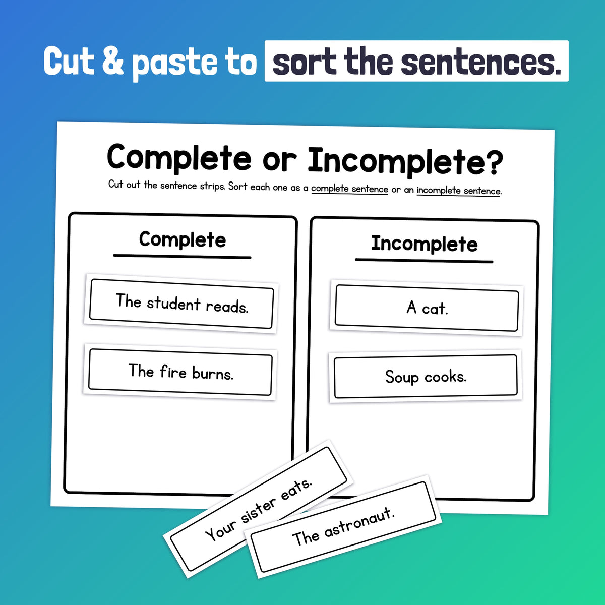 Print Out Incomplete Complete or Incomplete Sentences Center (Printable PDF) – That Little Robot