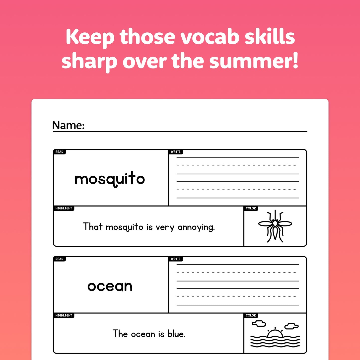 2nd Grade worksheets with words "mosquito" and "ocean".