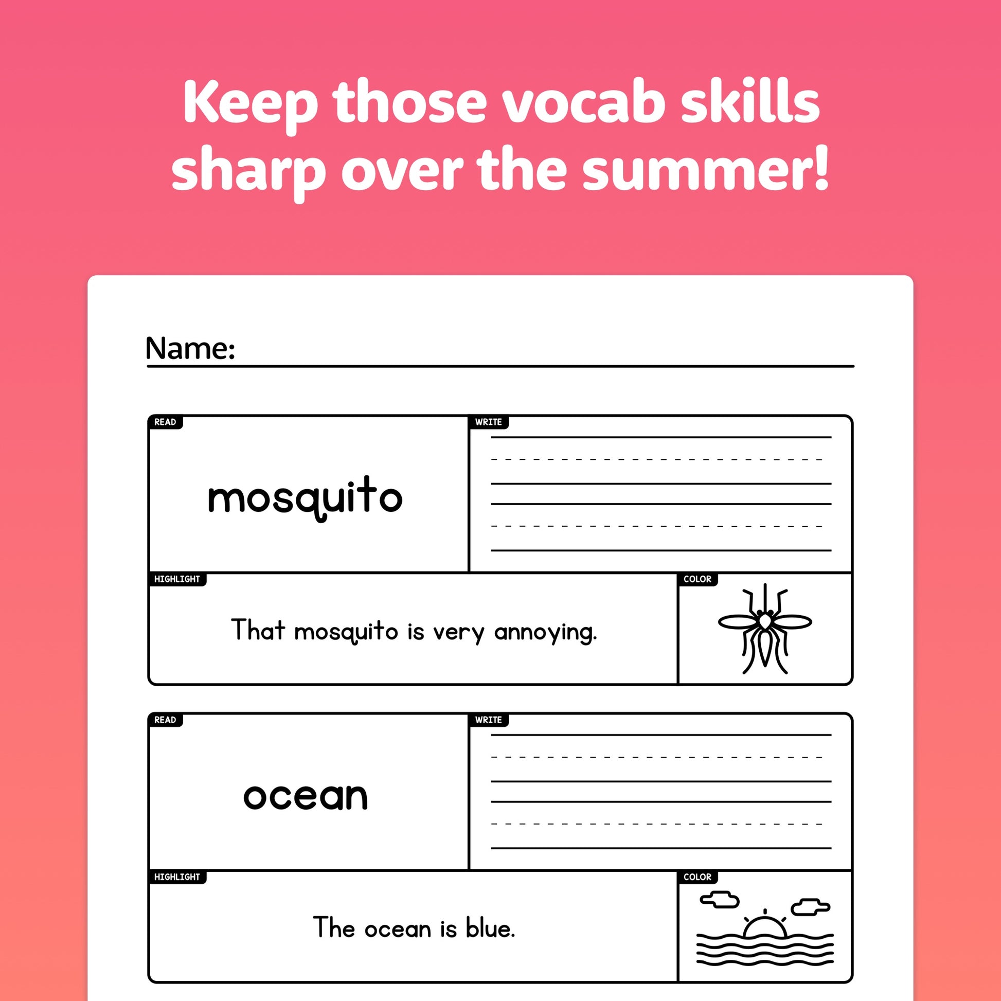 2nd Grade worksheets with words "mosquito" and "ocean".