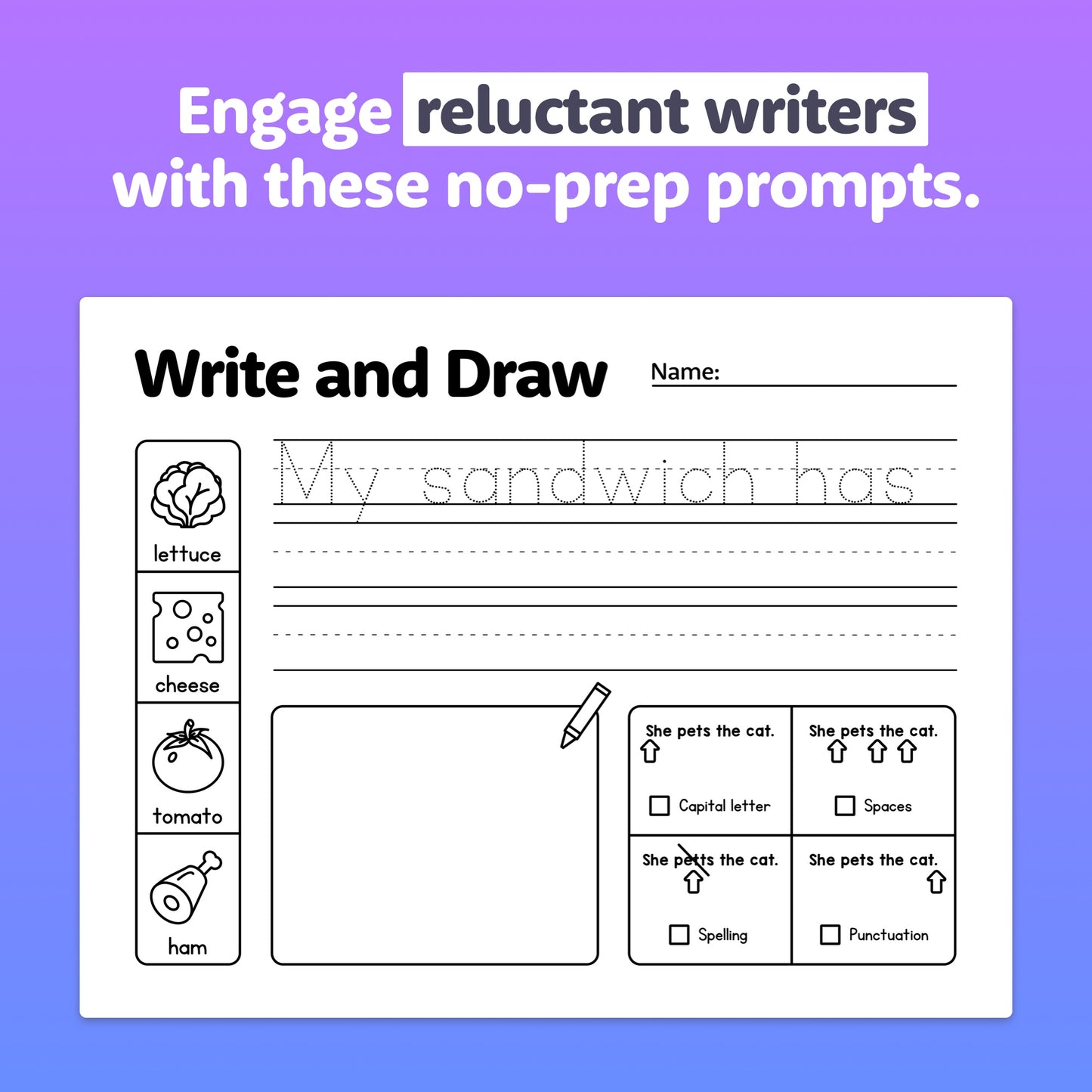 Writing prompt worksheets with space for writing and drawing tasks.