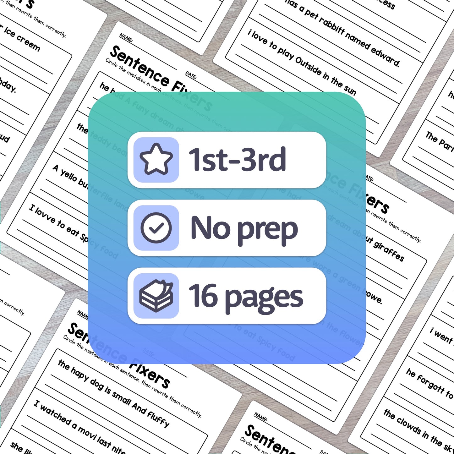 Printable PDF file, 16 pages of sentence fixer worksheets for grades 1-3.