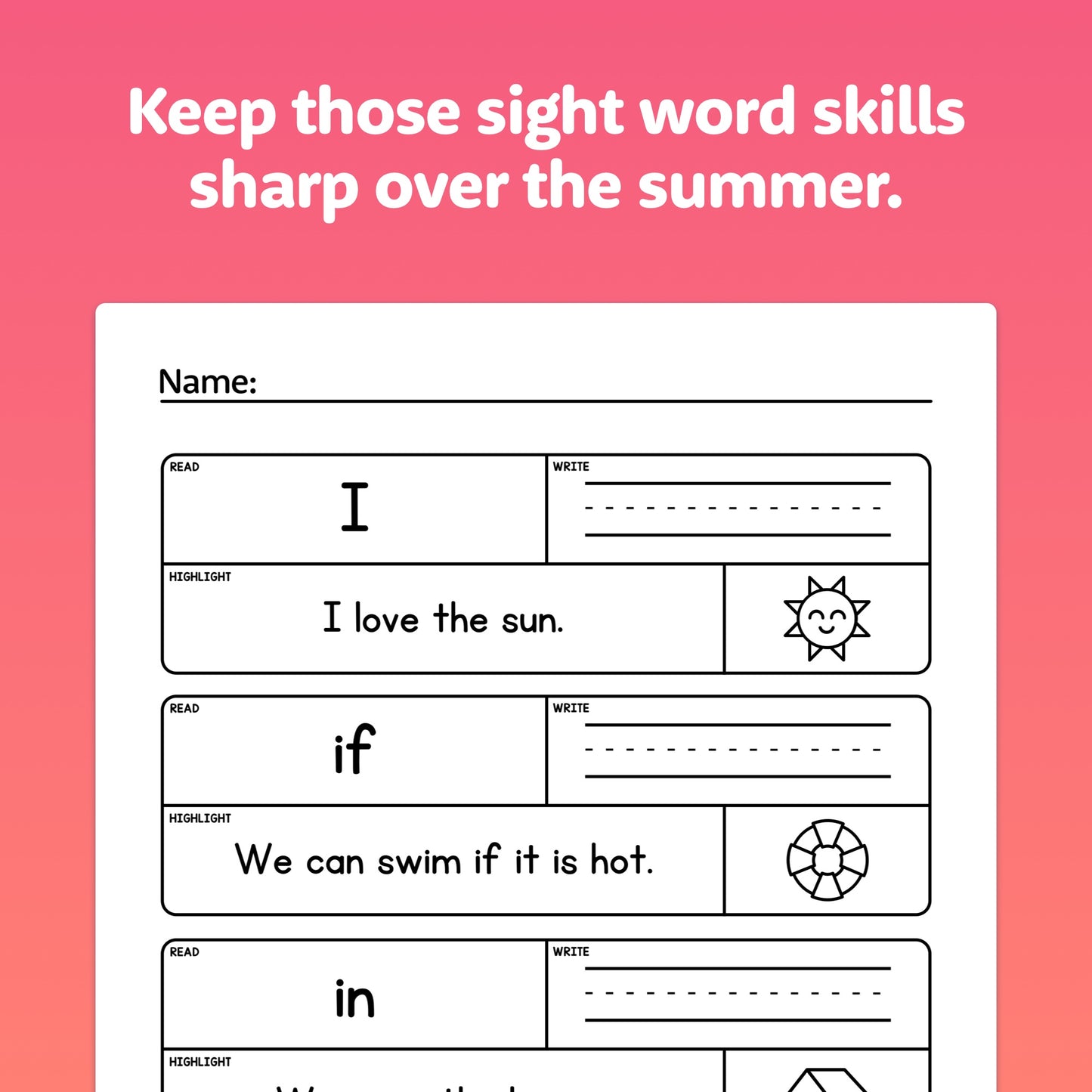 Worksheet titled "Summer Sight Words Worksheets" for sight word practice.