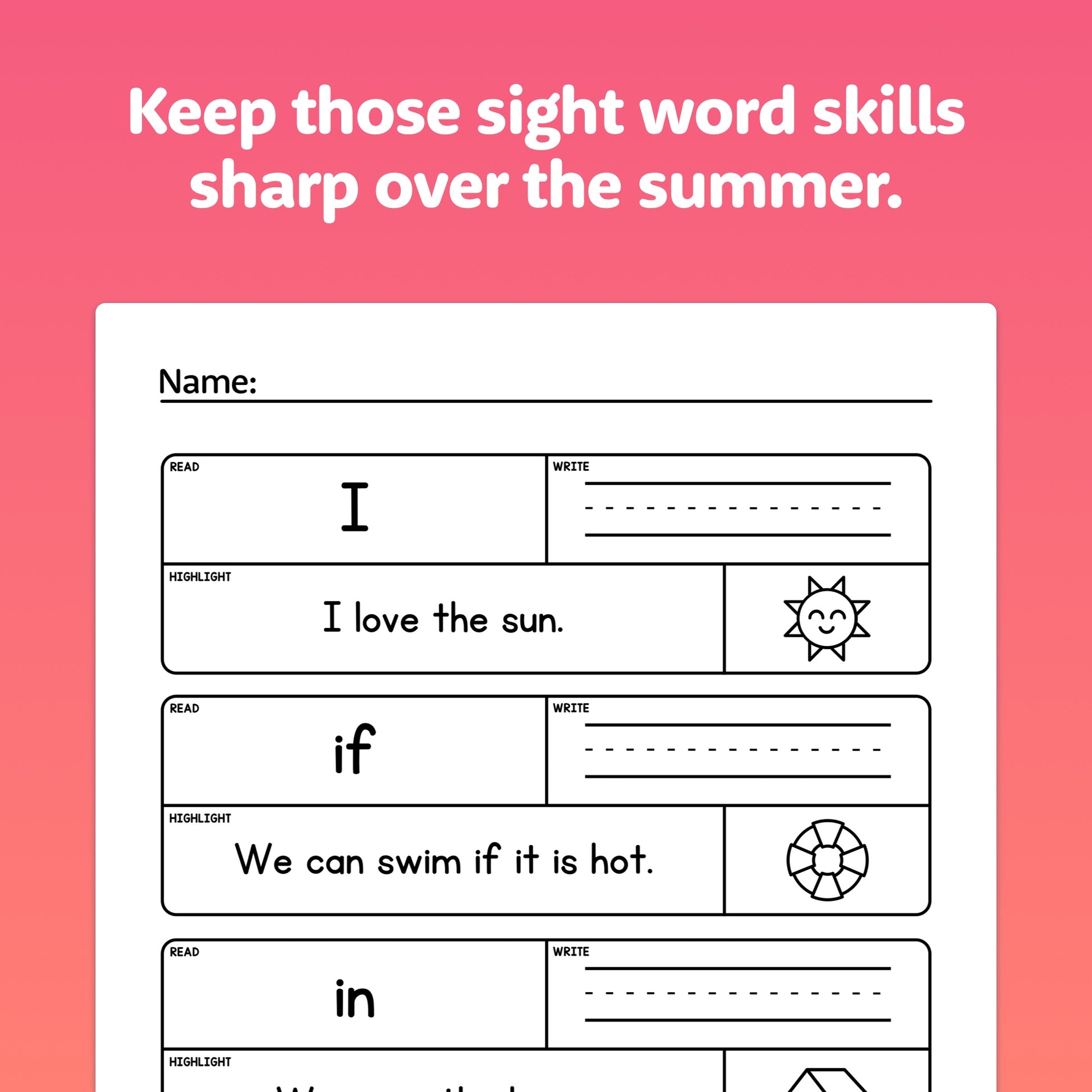 Worksheet titled "Summer Sight Words Worksheets" for sight word practice.