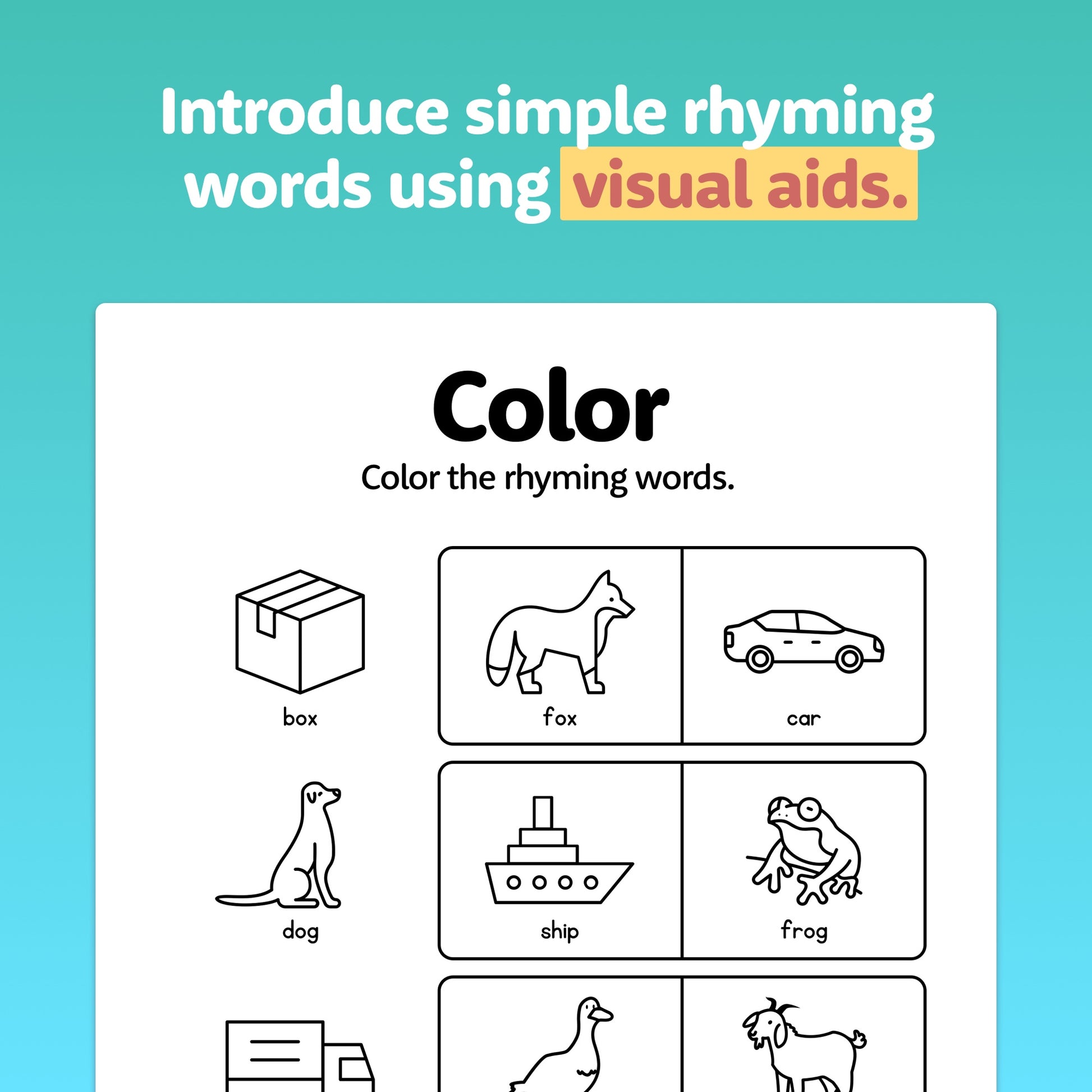 Rhyming Words Worksheets with images of a box, fox, car, dog, ship, and frog.