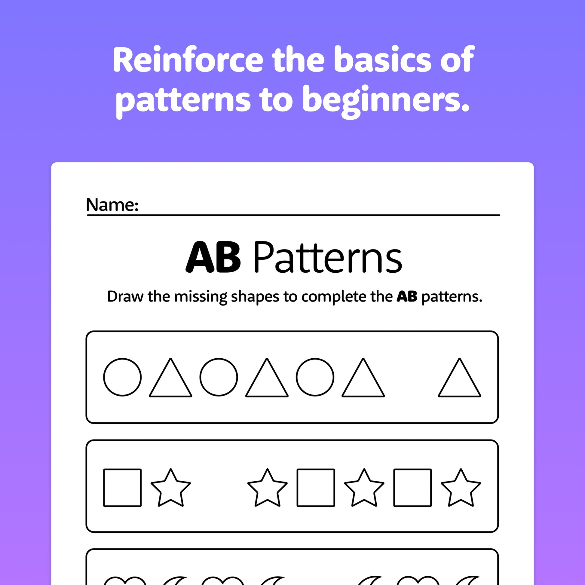 Worksheets for beginners on completing AB patterns with stars, circles, and squares.