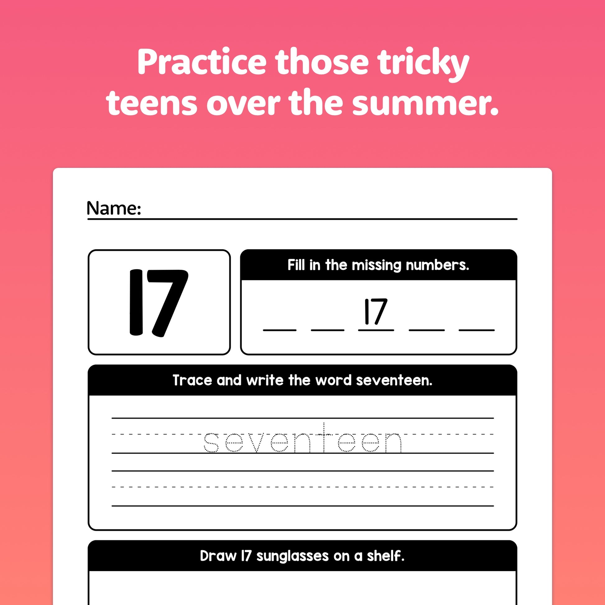 A worksheet displaying activities centered around the number 17.