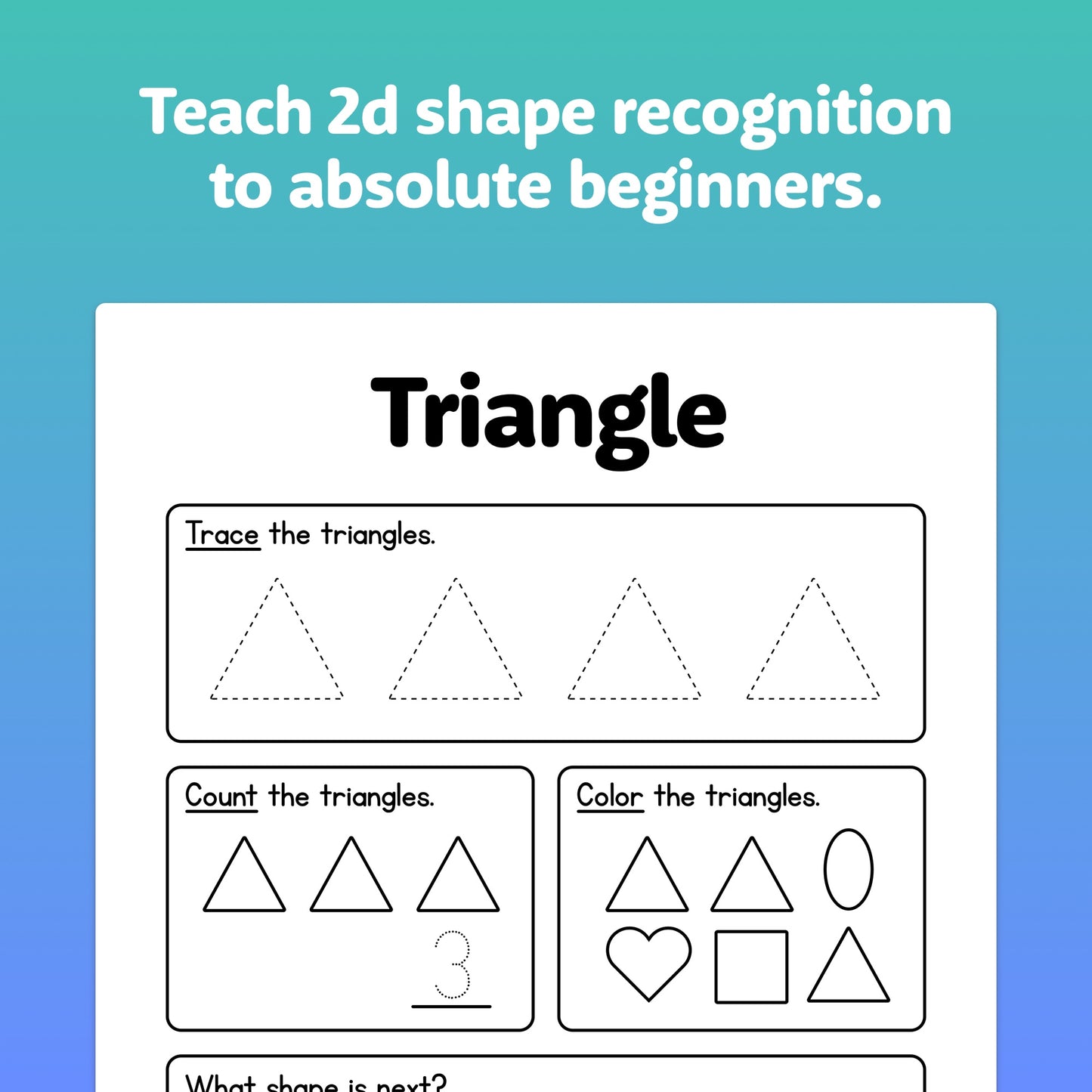 Worksheets designed to teach 2D shape recognition with a focus on triangles.