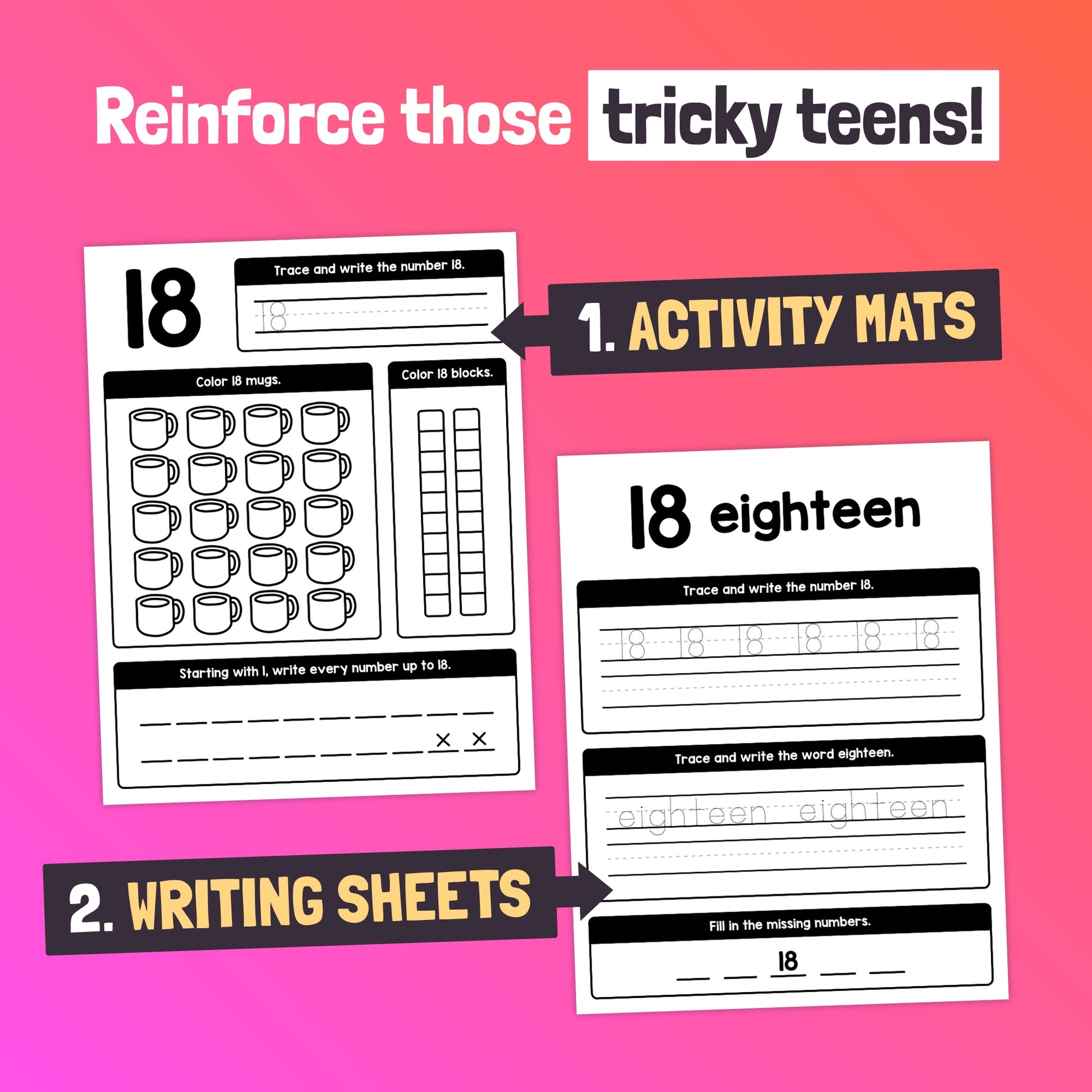 Number 18 practice worksheets from the Teen Numbers Unit.