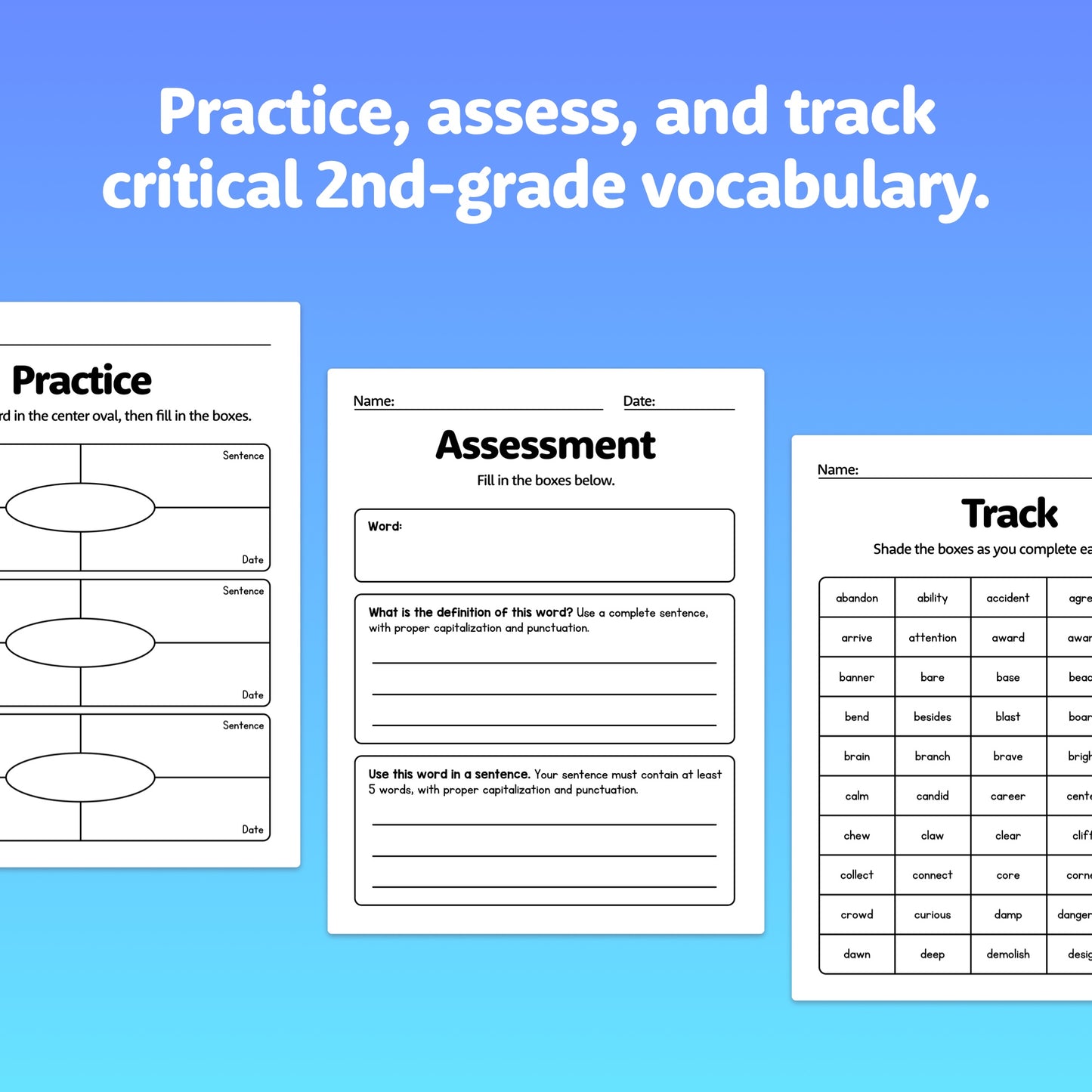 2nd grade vocab practice sheets, tracking, and assessments