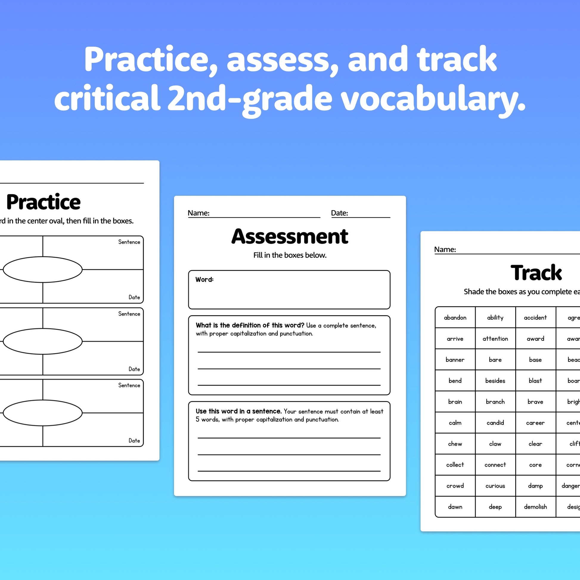 2nd grade vocab practice sheets, tracking, and assessments