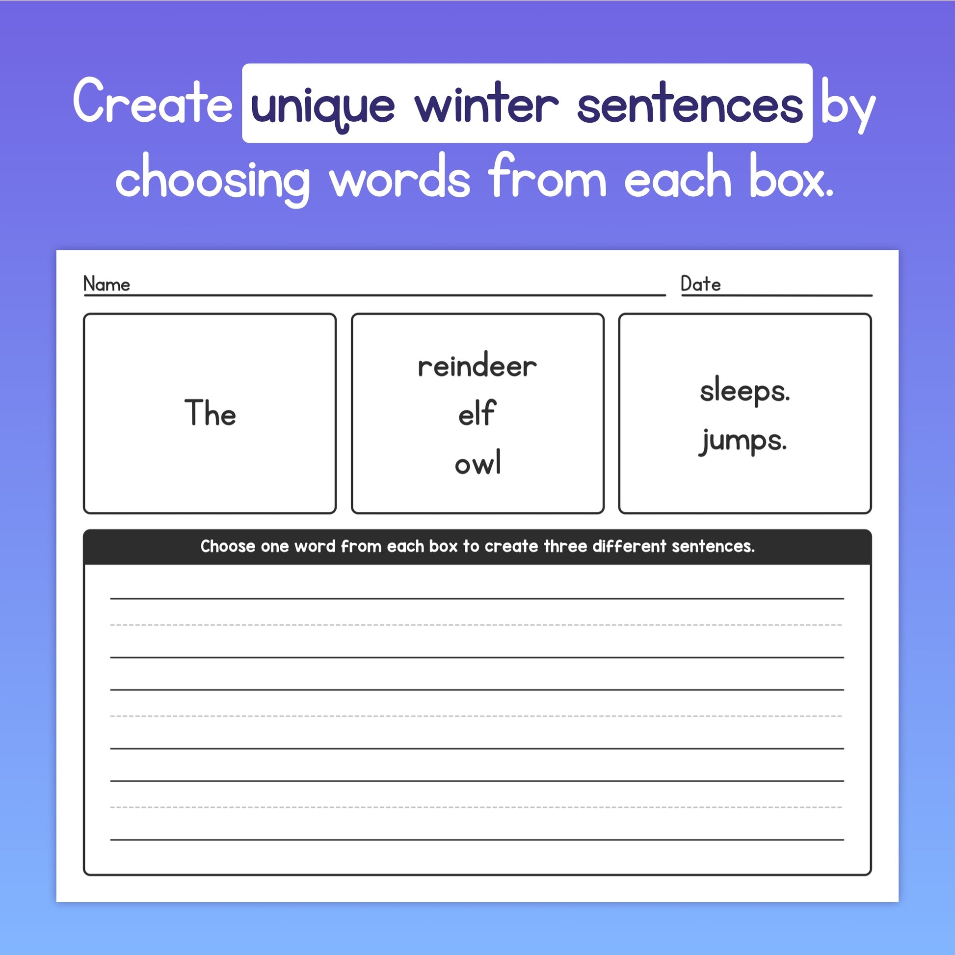 Winter worksheet for constructing sentences with provided words in boxes.