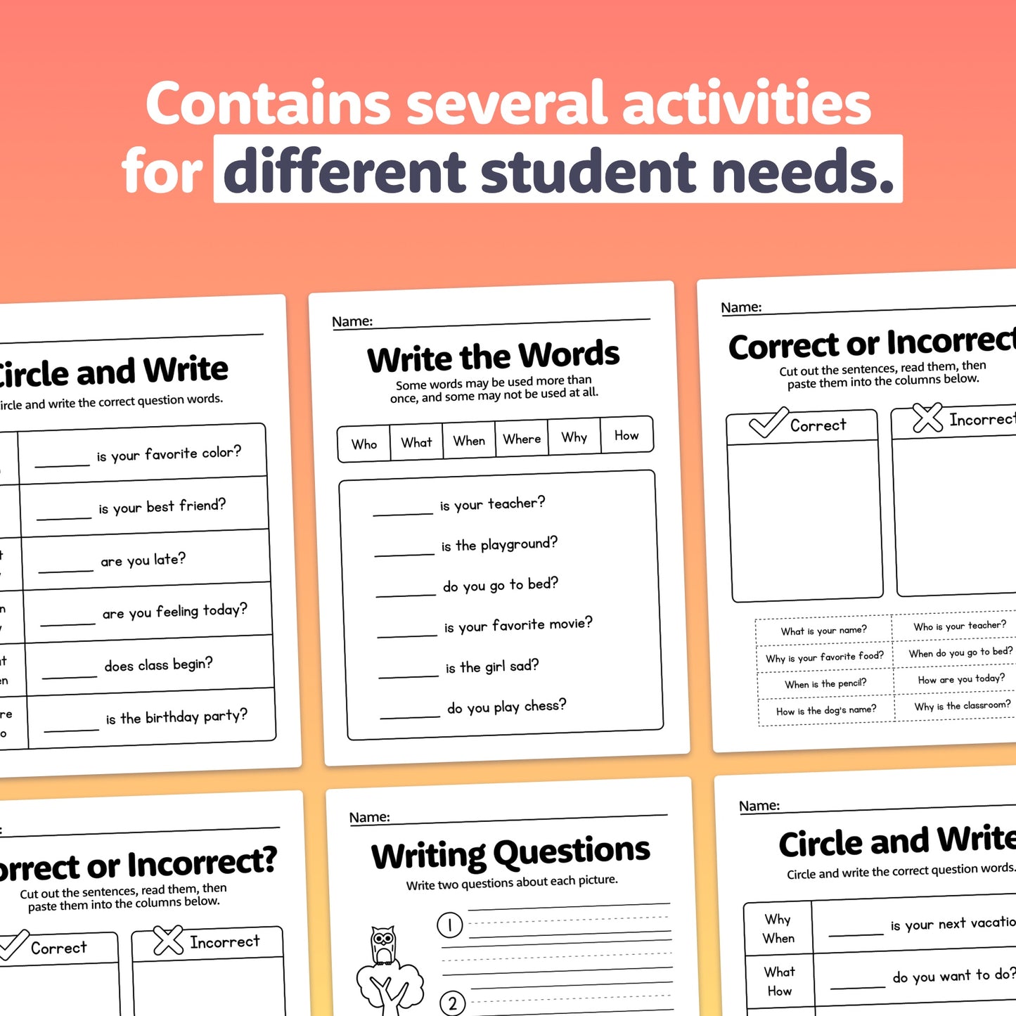Question Words Worksheets
