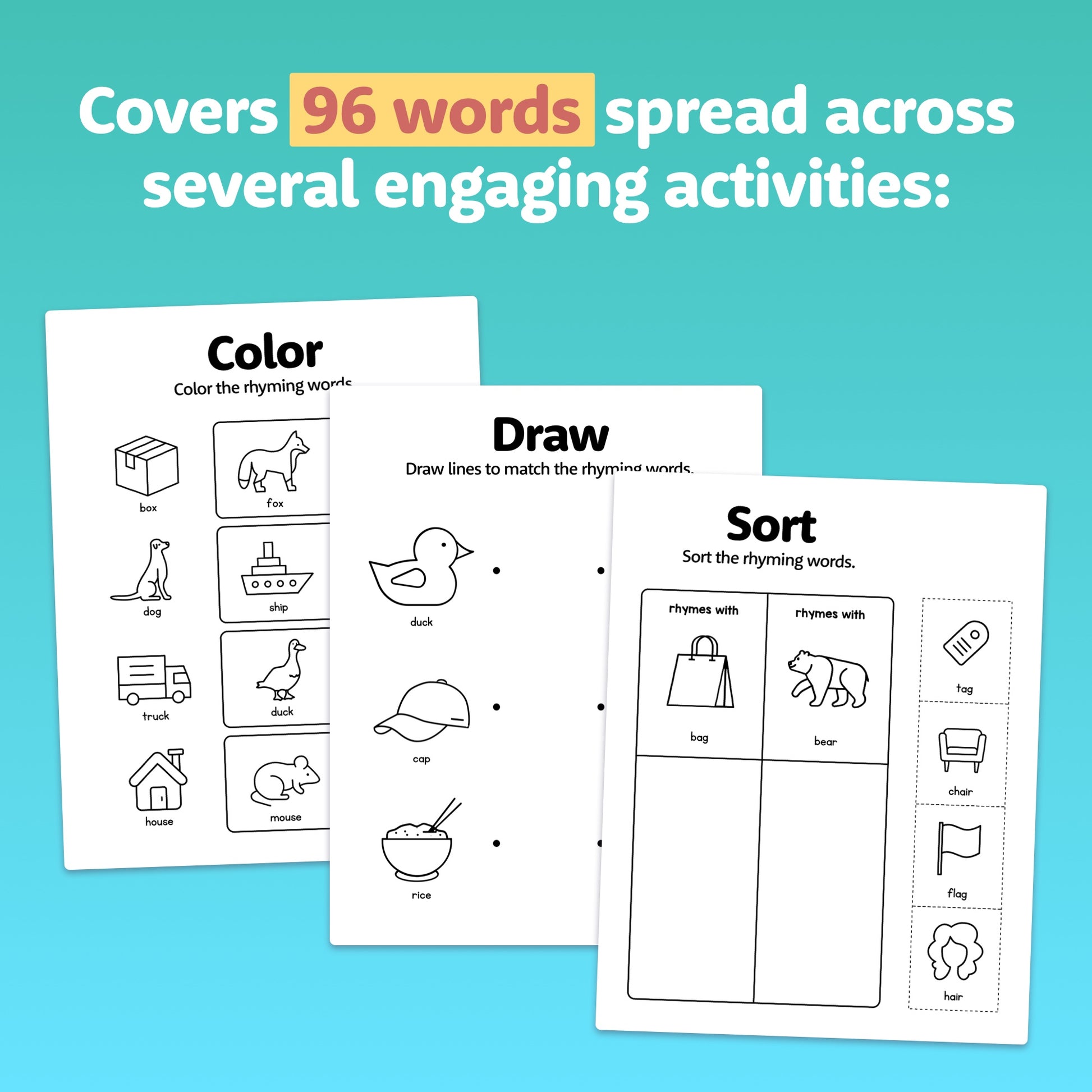 Three worksheets: rhyming color activity, drawing exercise, sorting task.