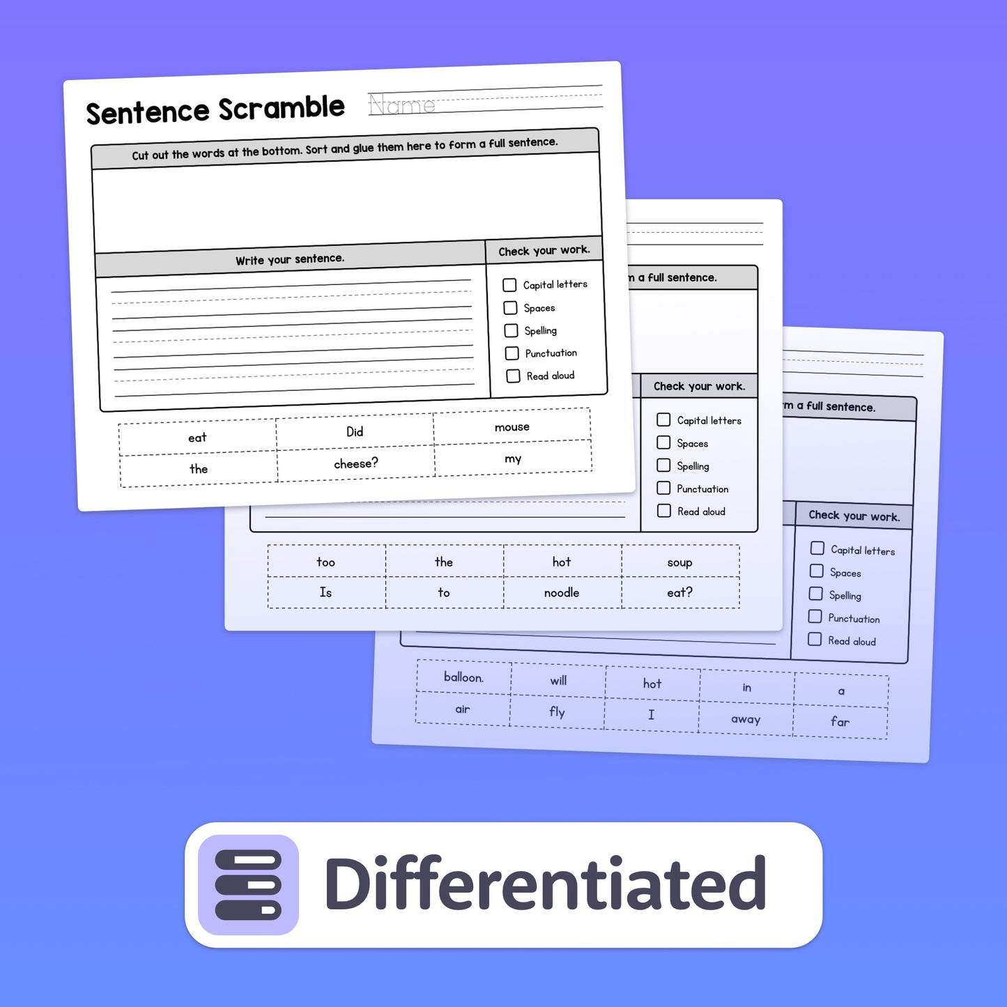 Three Sentence Scramble Worksheets labeled "Differentiated".