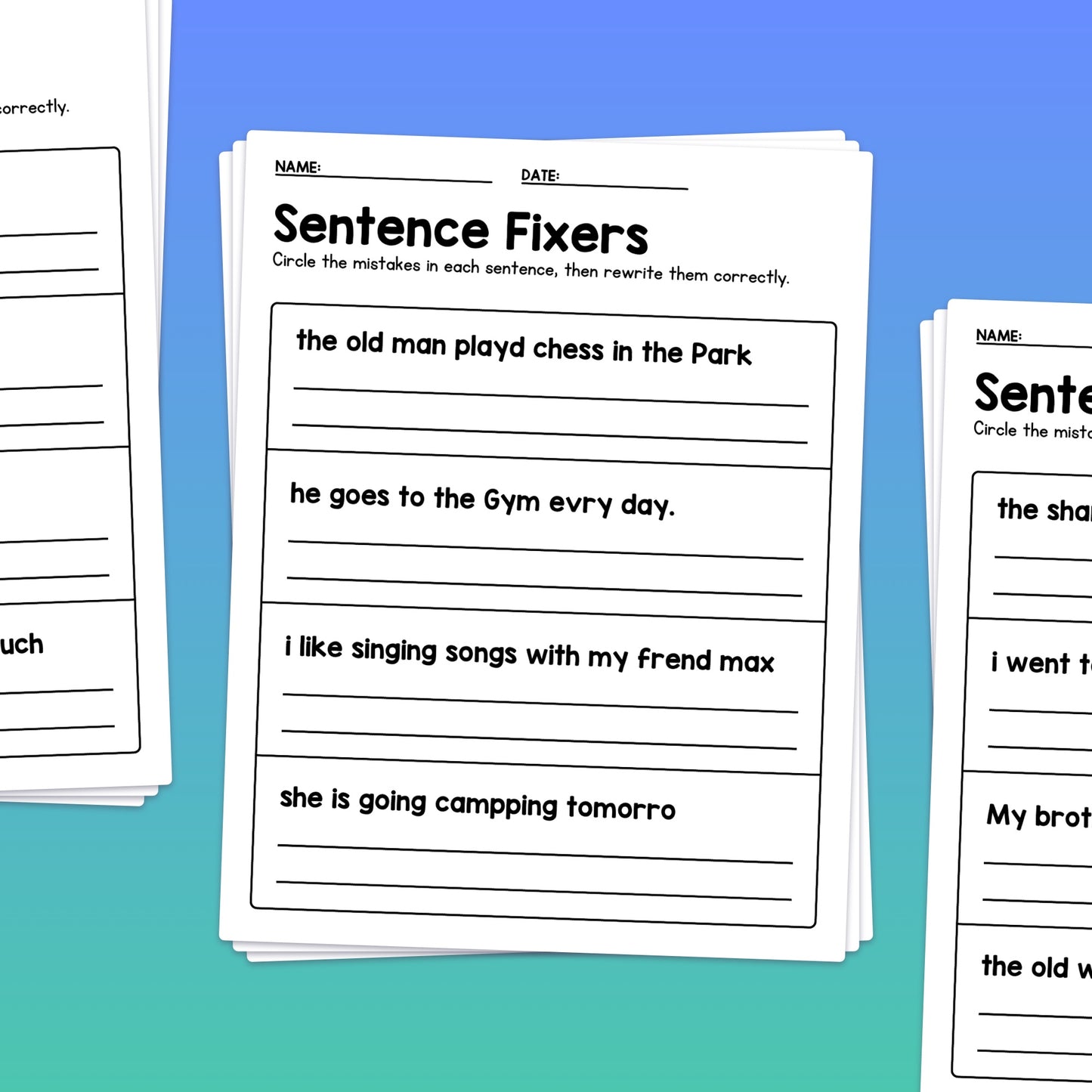 Worksheets with sentences to correct and rewrite, titled "Sentence Fixer Worksheets.