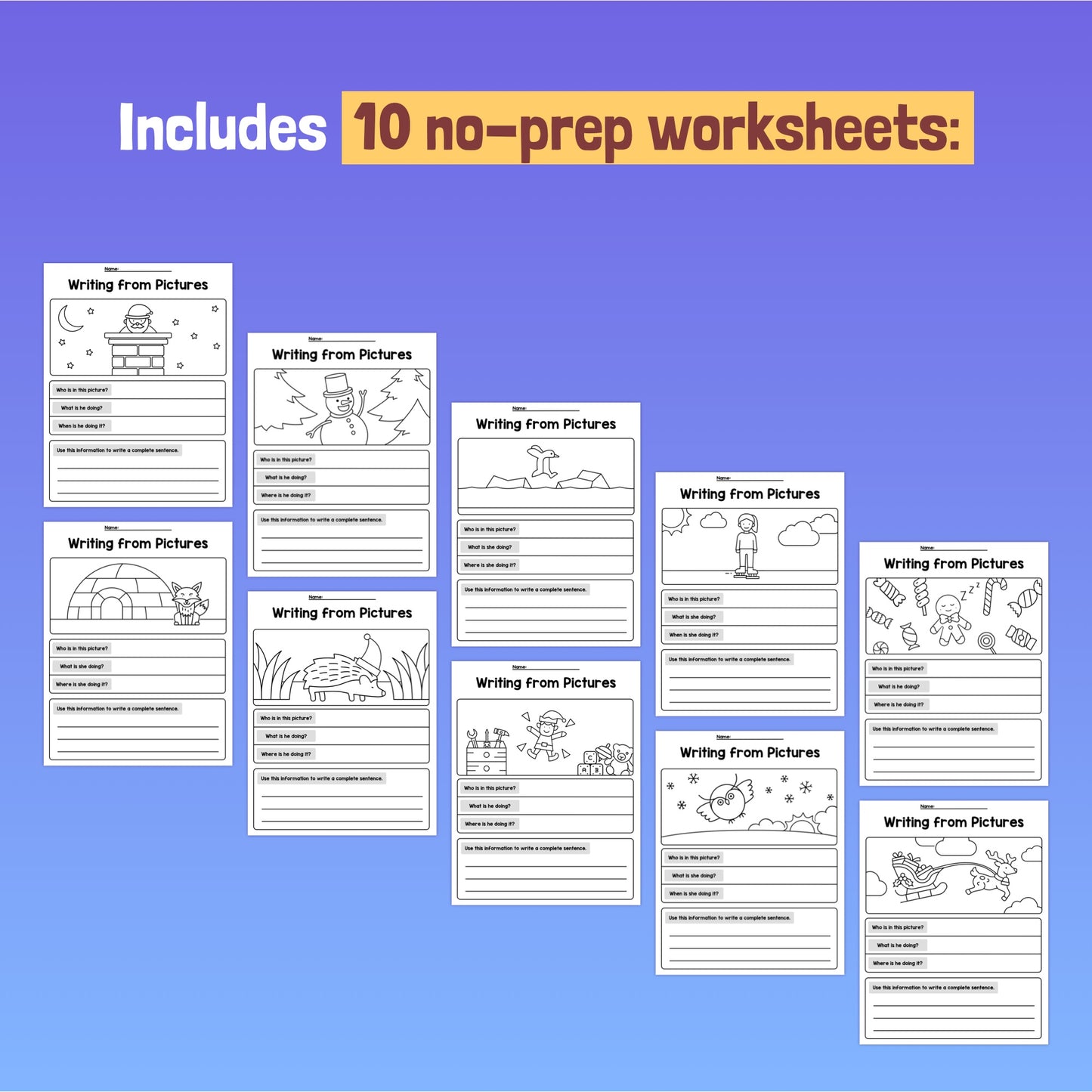 Image of 10 no-prep writing worksheets with various illustrations.