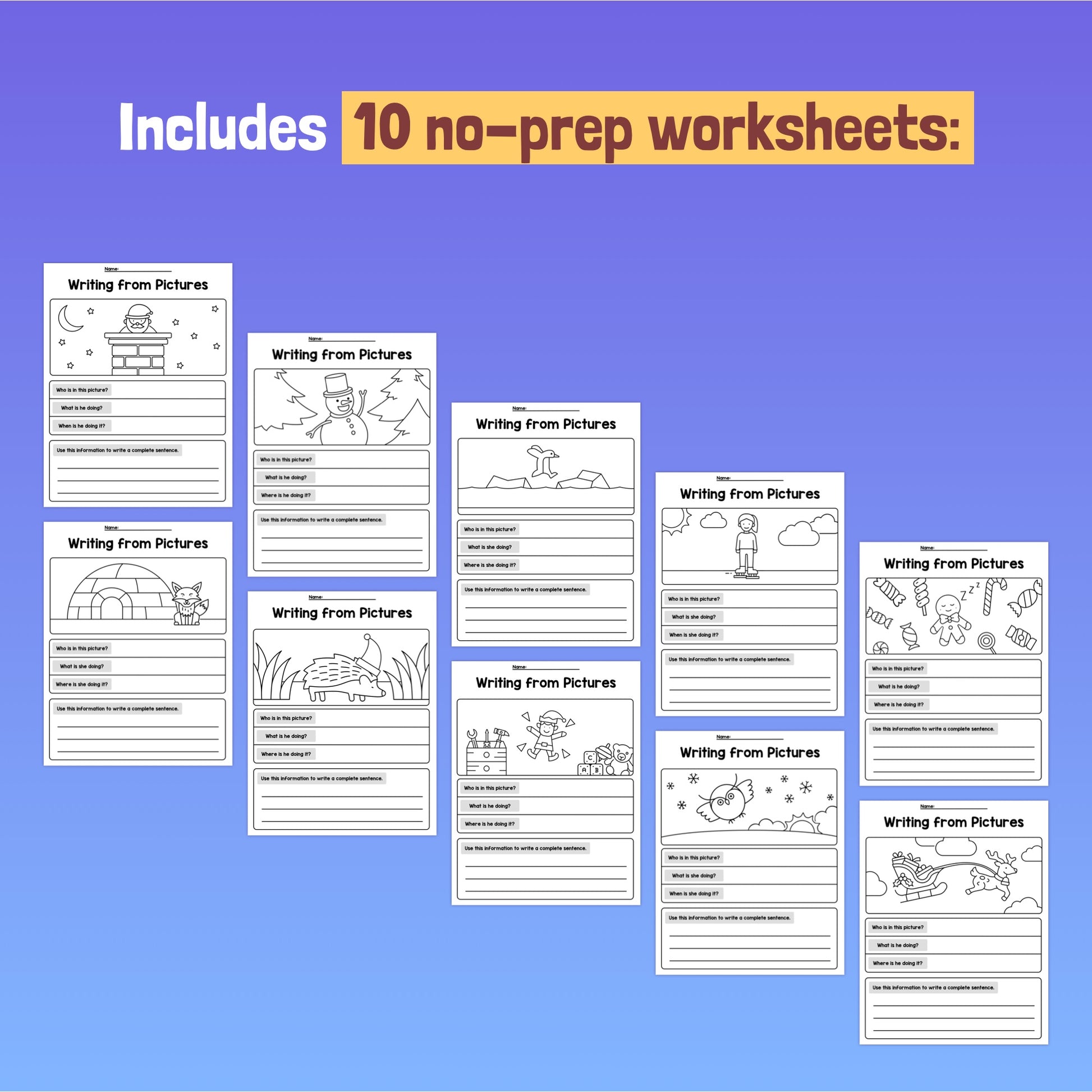 Image of 10 no-prep writing worksheets with various illustrations.