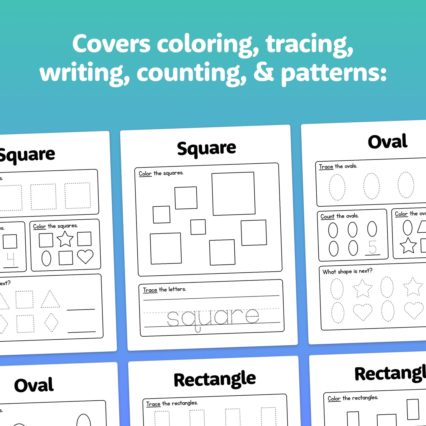 Worksheets for coloring, tracing shapes, writing numbers, counting, and identifying patterns.