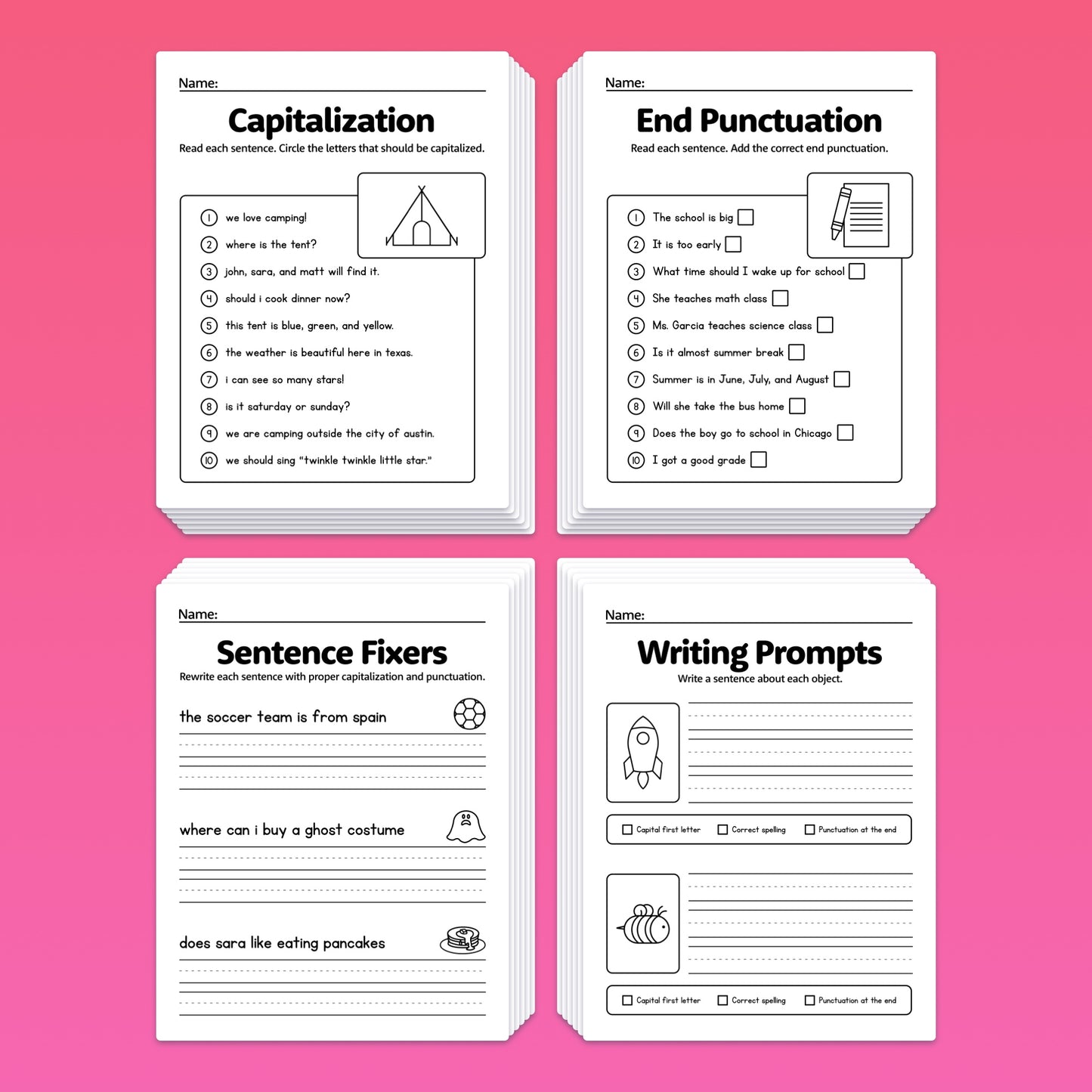 Printable capitalization and punctuation activities for kids