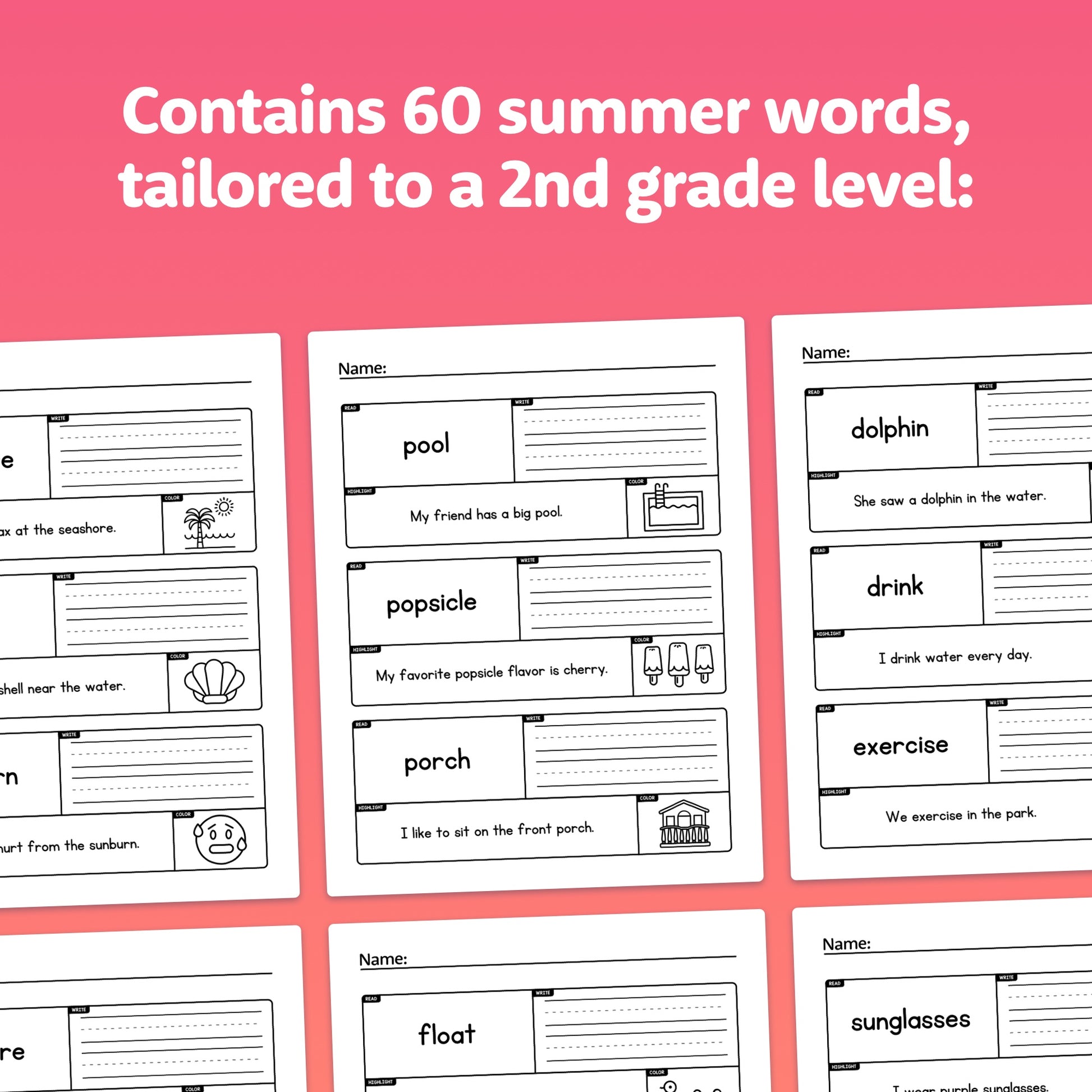 2nd Grade worksheets with themed words and fill-in-the-blank sentences.