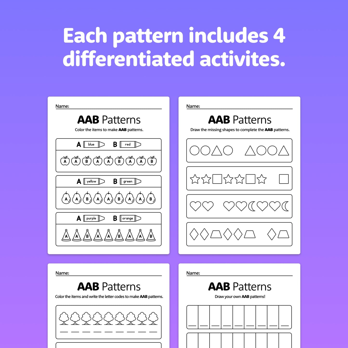 Four worksheets with AAB pattern activities using various shapes.