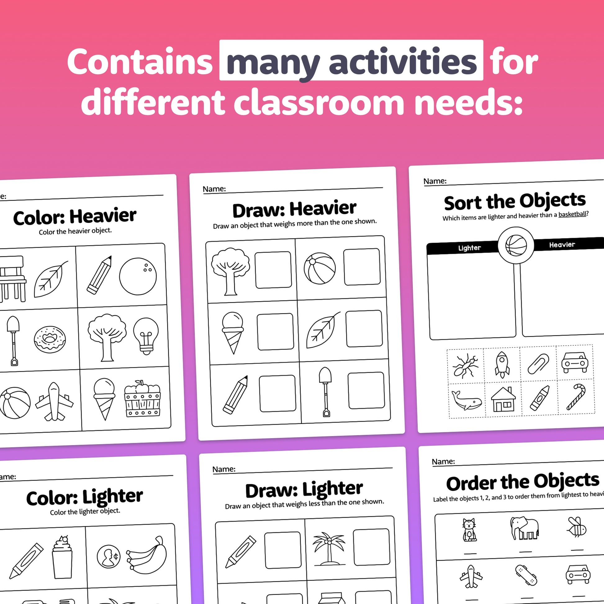 Printable PDF of Nonstandard Weight Worksheets for classroom activities.