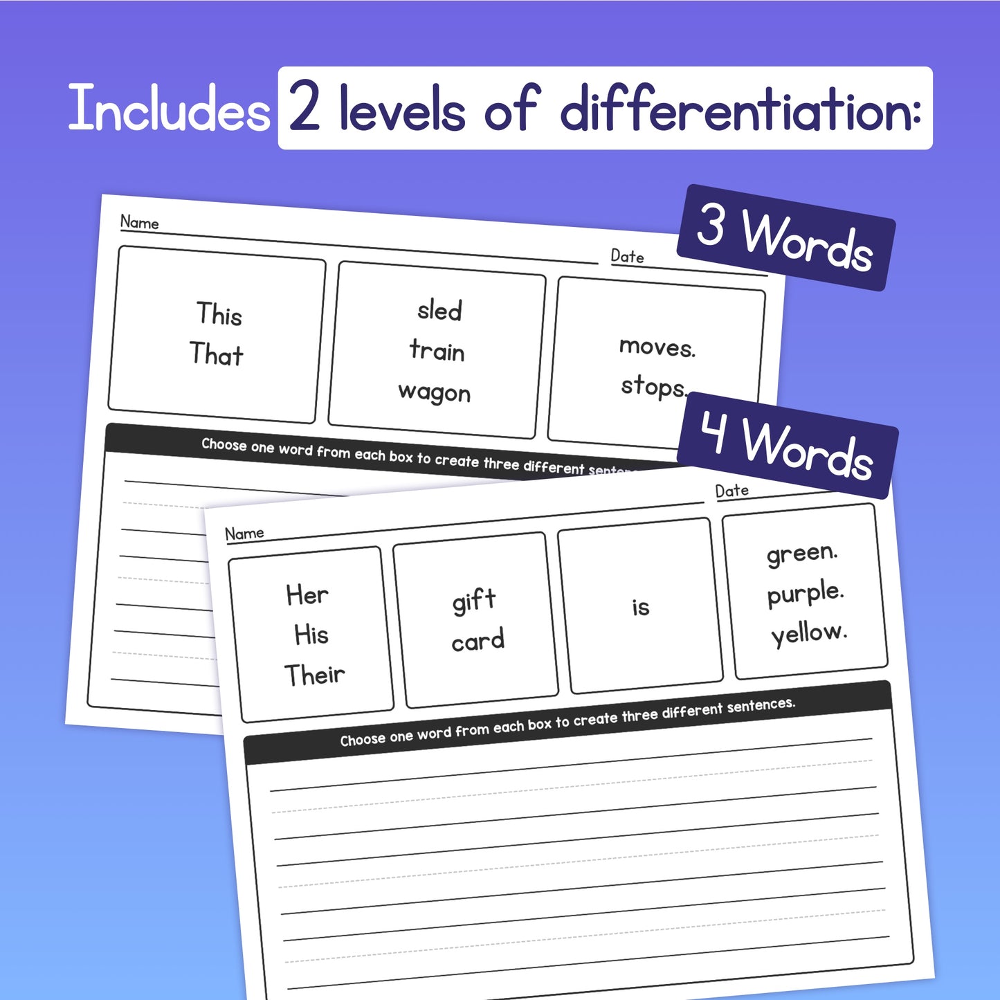 Winter Sentence Helper Worksheets with activities for 3-word and 4-word sentences.