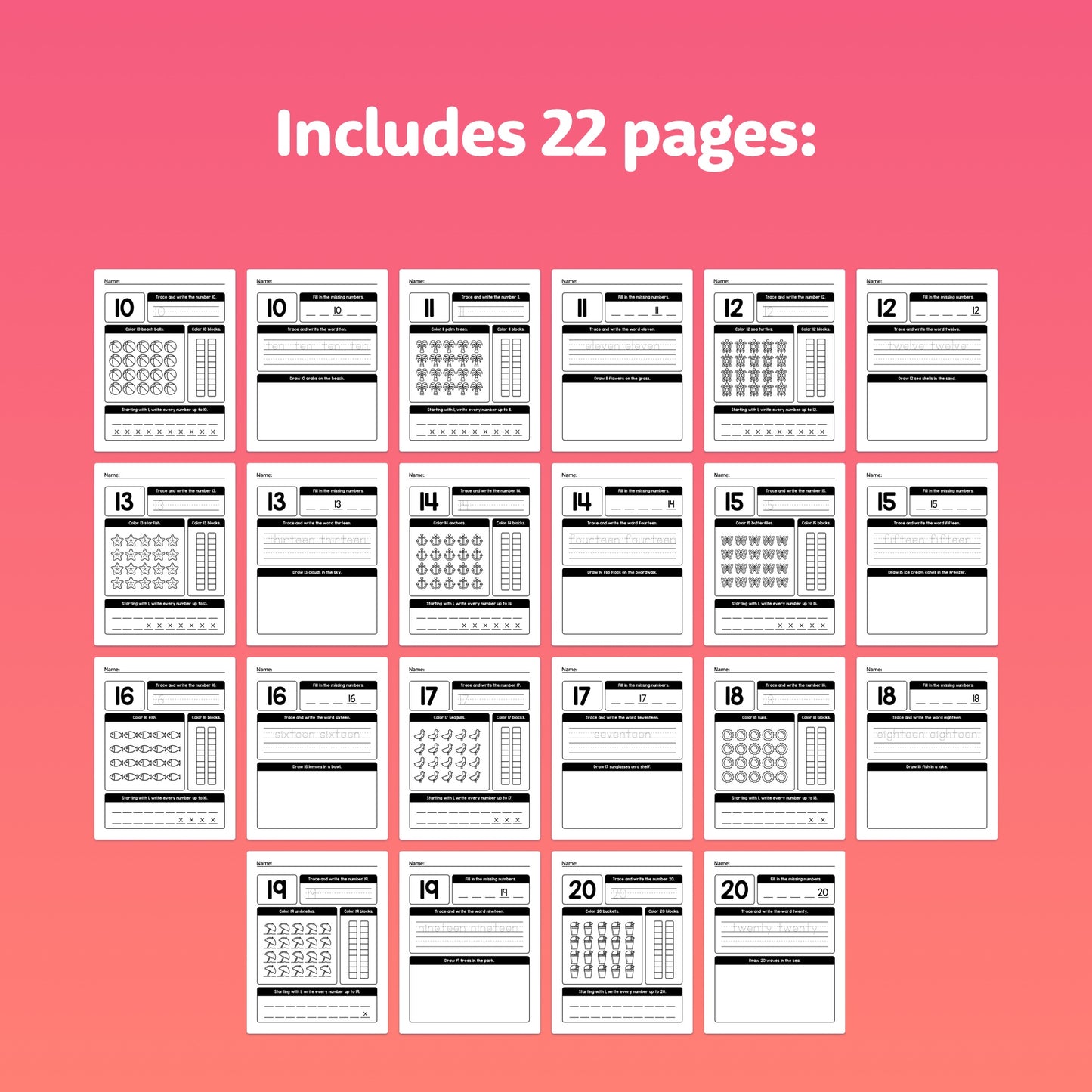 Grid layout of 22-page summer teen numbers worksheets with "Includes 22 pages" text.