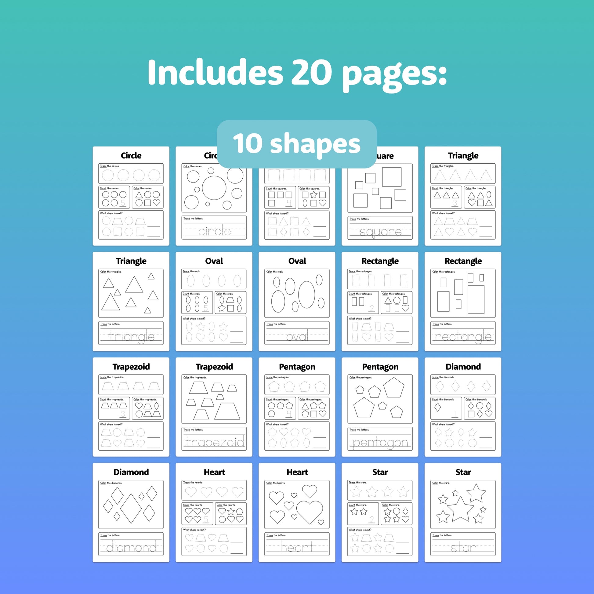 Worksheets showing various shapes and their names including circles and triangles.