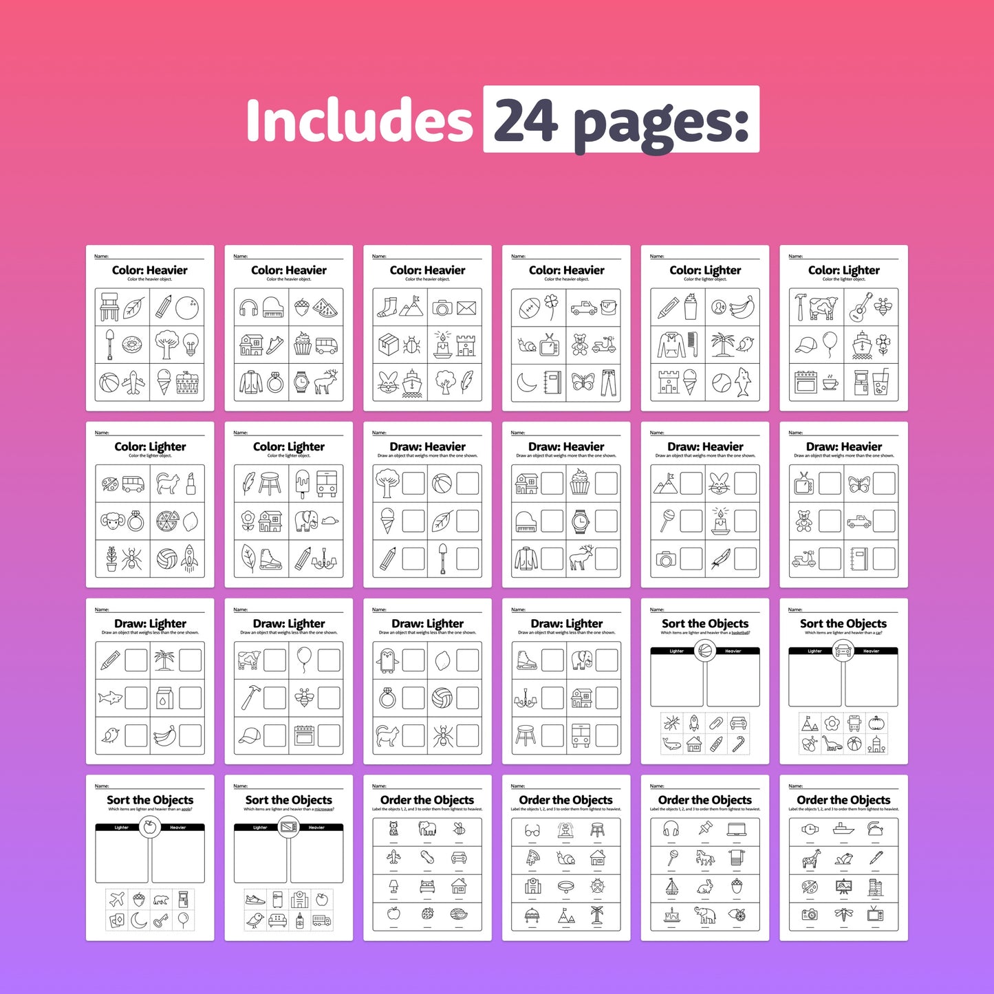 A set of 24 nonstandard weight worksheets.