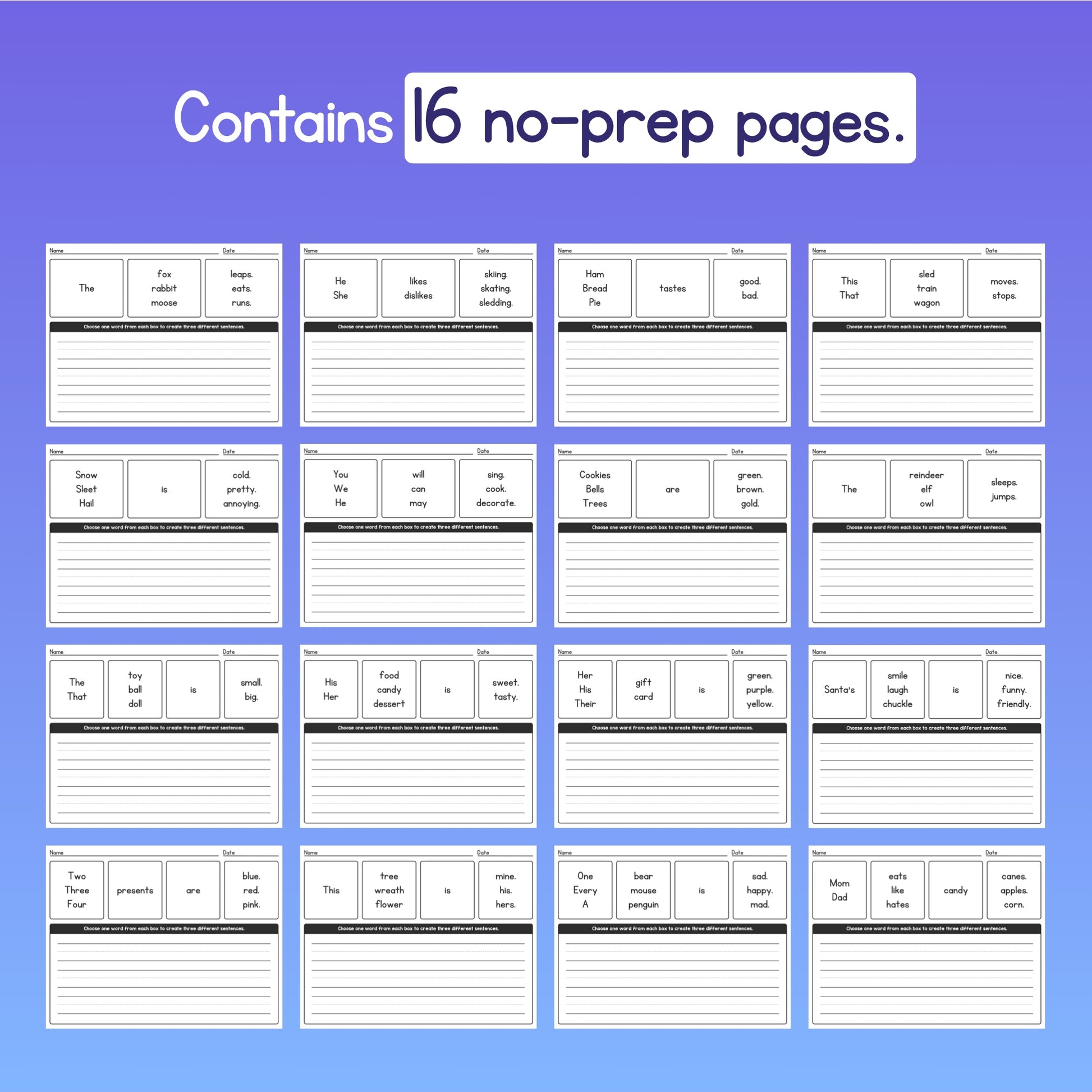 16 no-prep Winter Sentence Helper writing worksheets in PDF format.