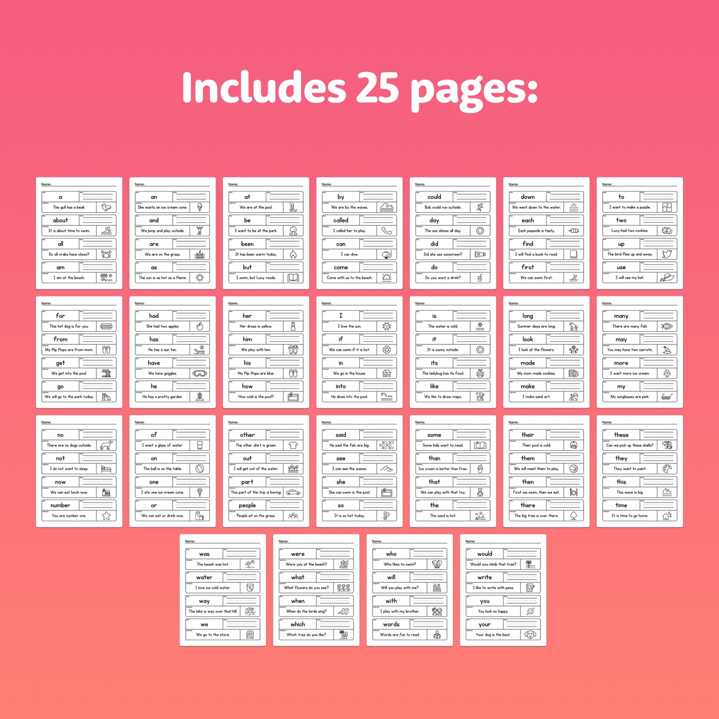 The worksheets include 25 pages with various text boxes.