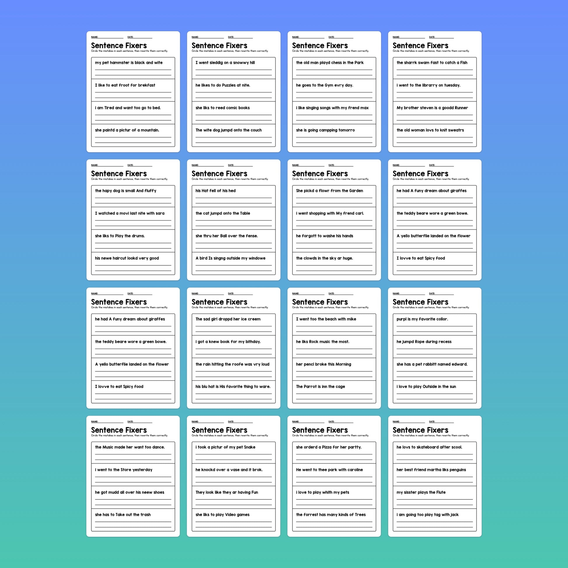 A grid of cards with sentences for correction titled "Sentence Fixer Worksheets.