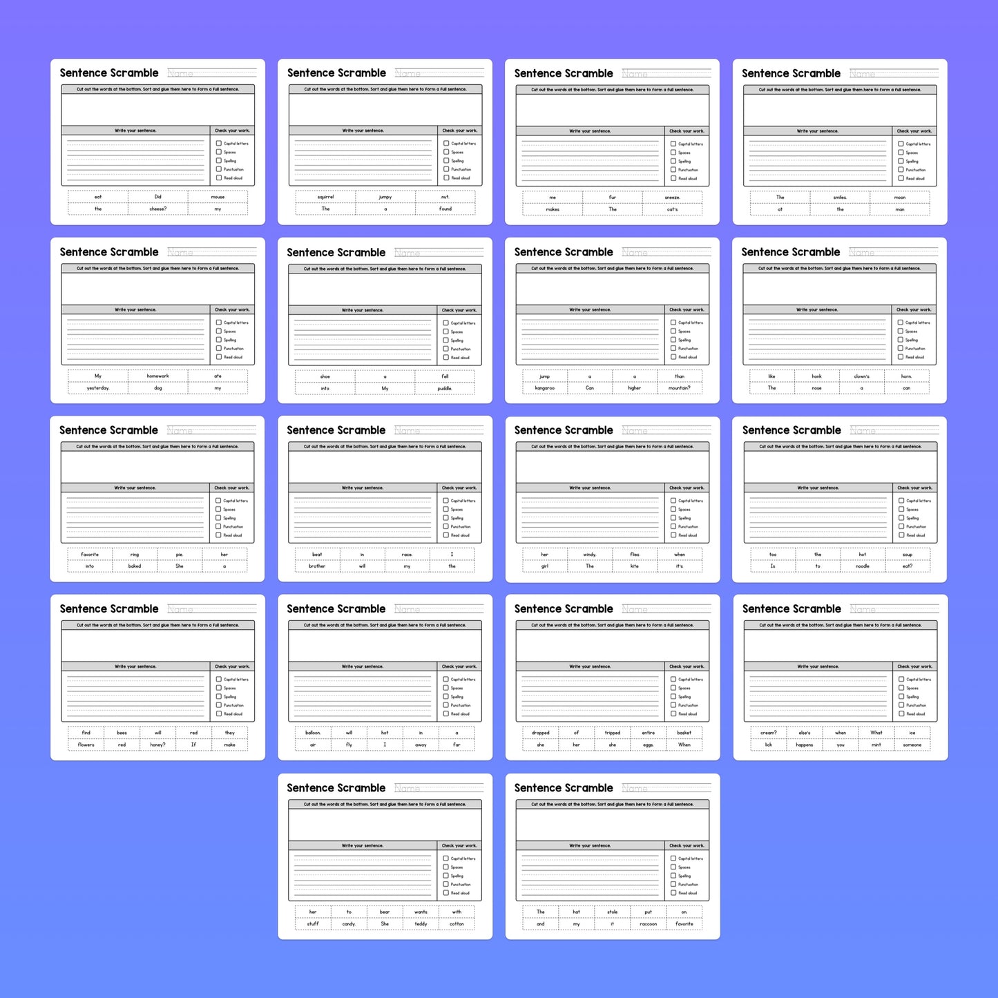 Grid of 18 Sentence Scramble Worksheets.