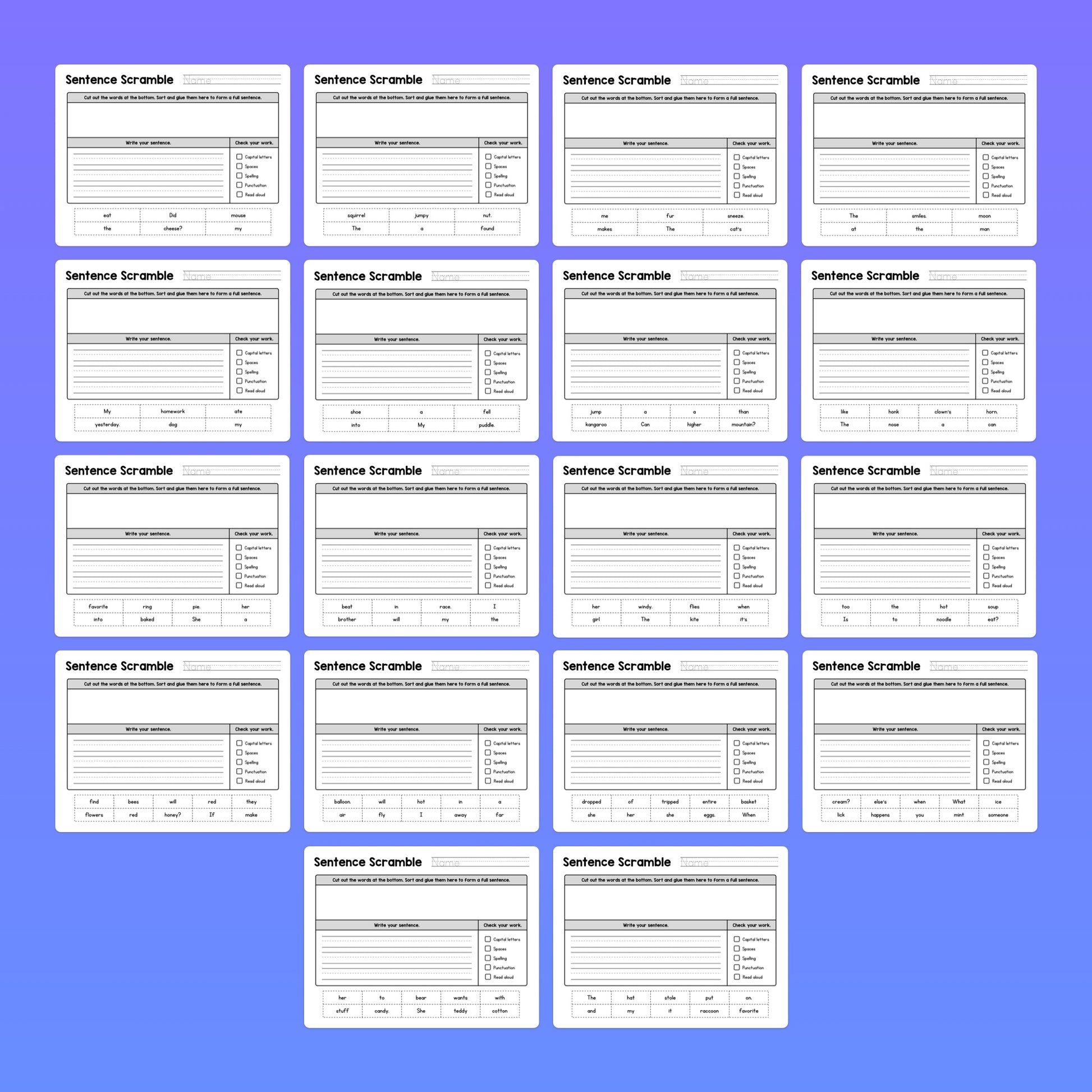 Grid of 18 Sentence Scramble Worksheets.