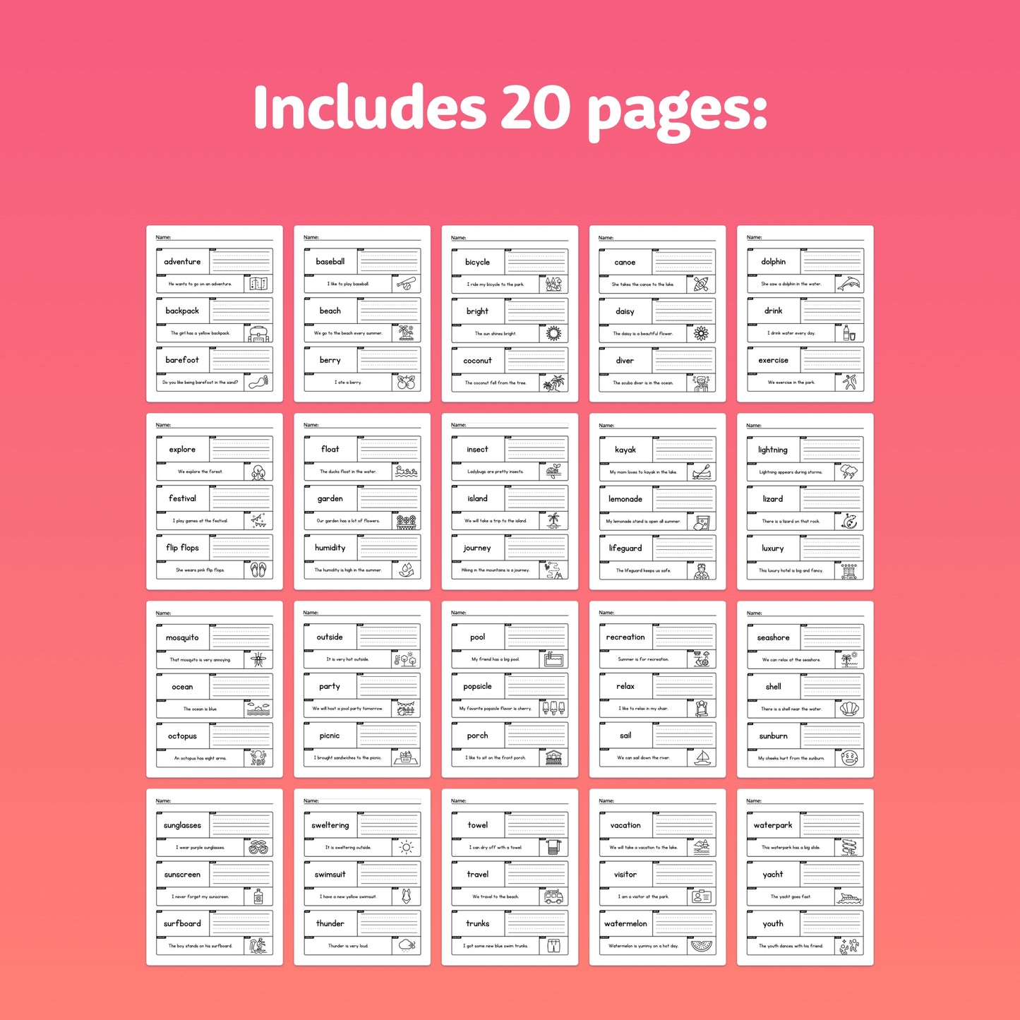 Image showing 20 printable pages with various vocabulary words.