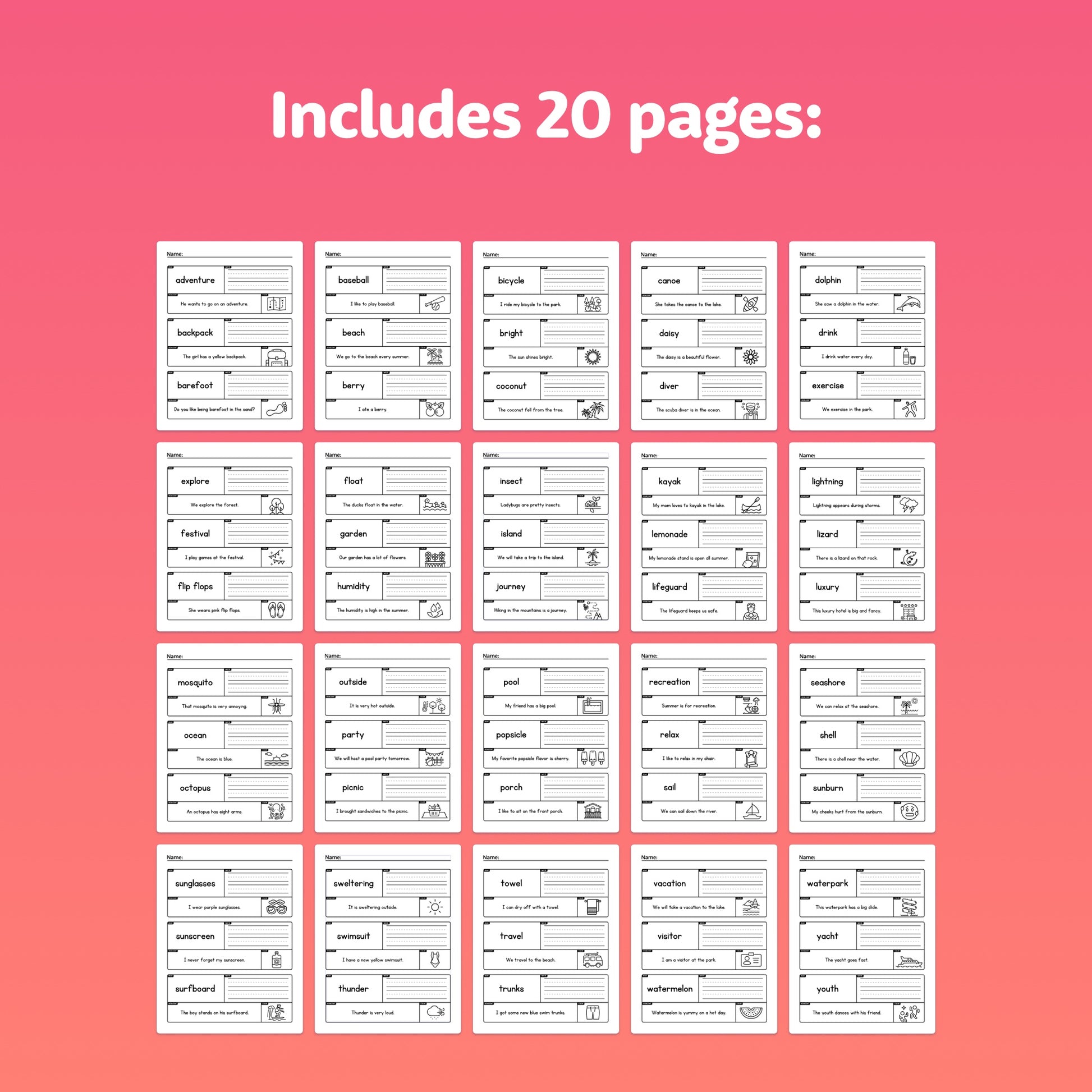 Image showing 20 printable pages with various vocabulary words.