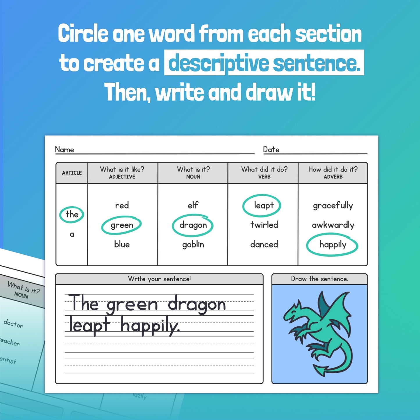 Worksheets with writing prompts and dragon illustration at the bottom.