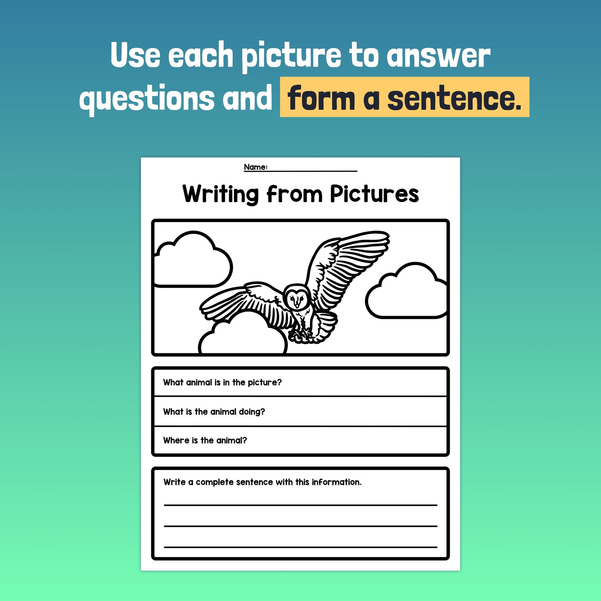 Worksheet titled "Writing From Pictures Worksheets" with an owl and related questions.