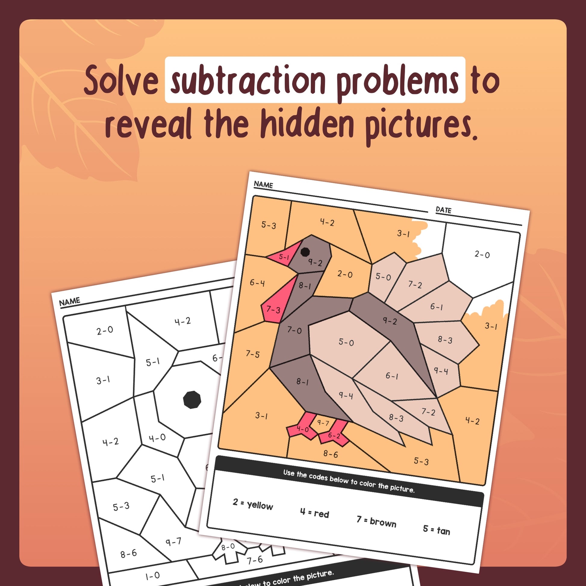 Subtraction fall math coloring activities