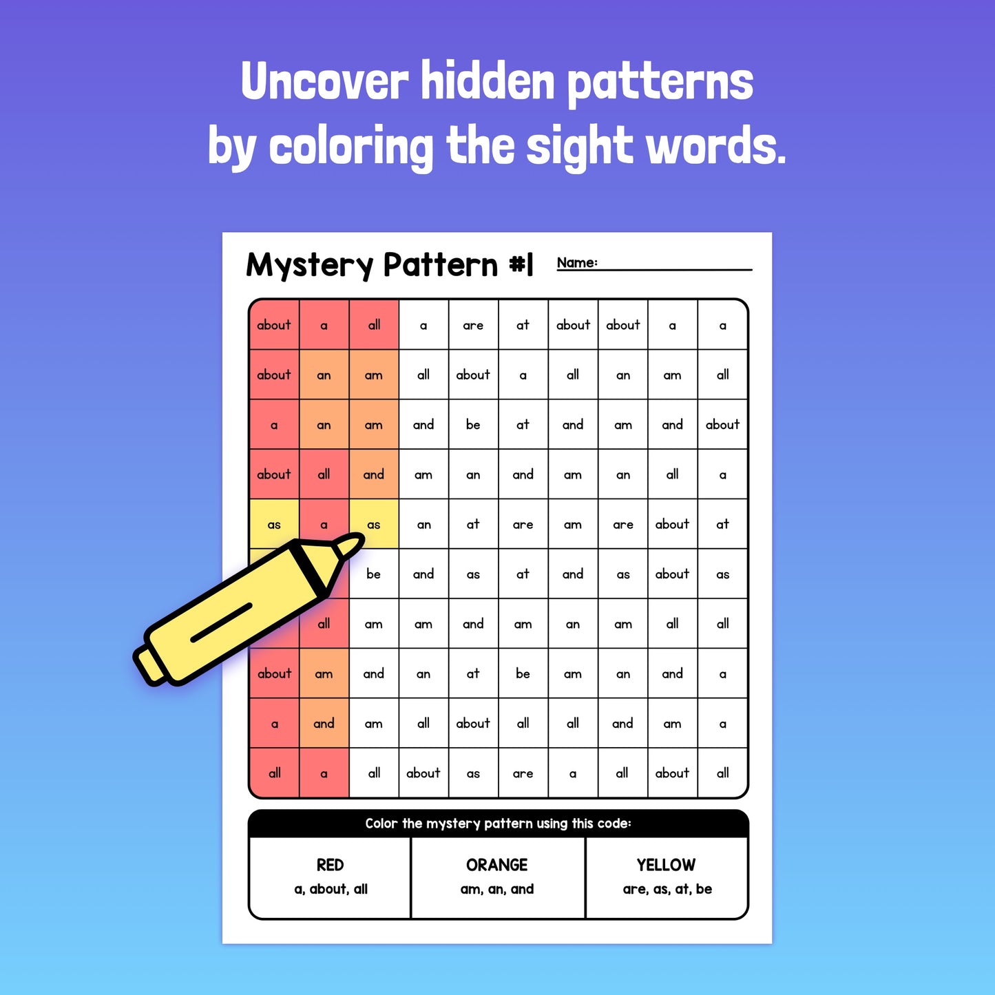 Sight Word Mystery Picture Worksheet with a hidden pattern to color.