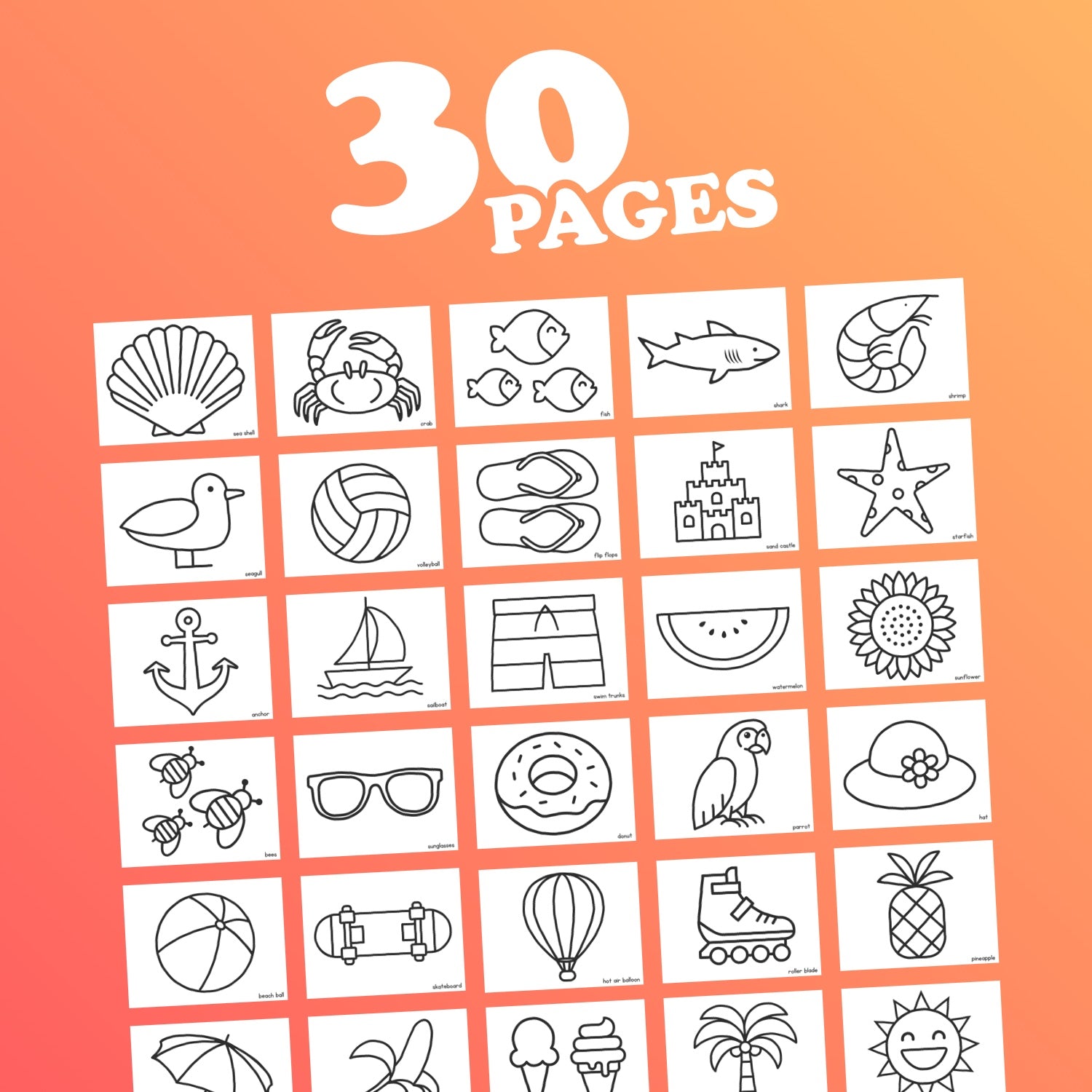 A grid of 30 summer-themed pages from a coloring book.