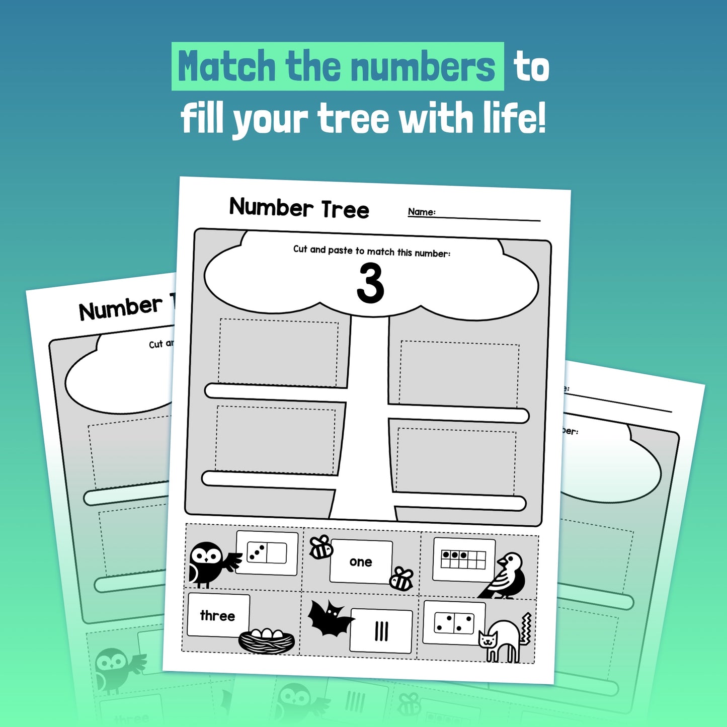 Three worksheets with number matching activities for the number three.