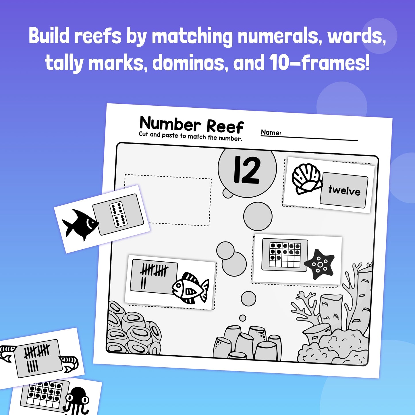 Worksheet for matching numerals, words, tally marks, dominoes, and 10-frames with 12.