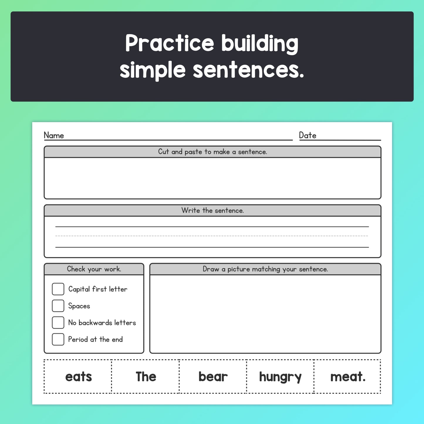 Sentence building worksheets for practicing simple sentence construction.