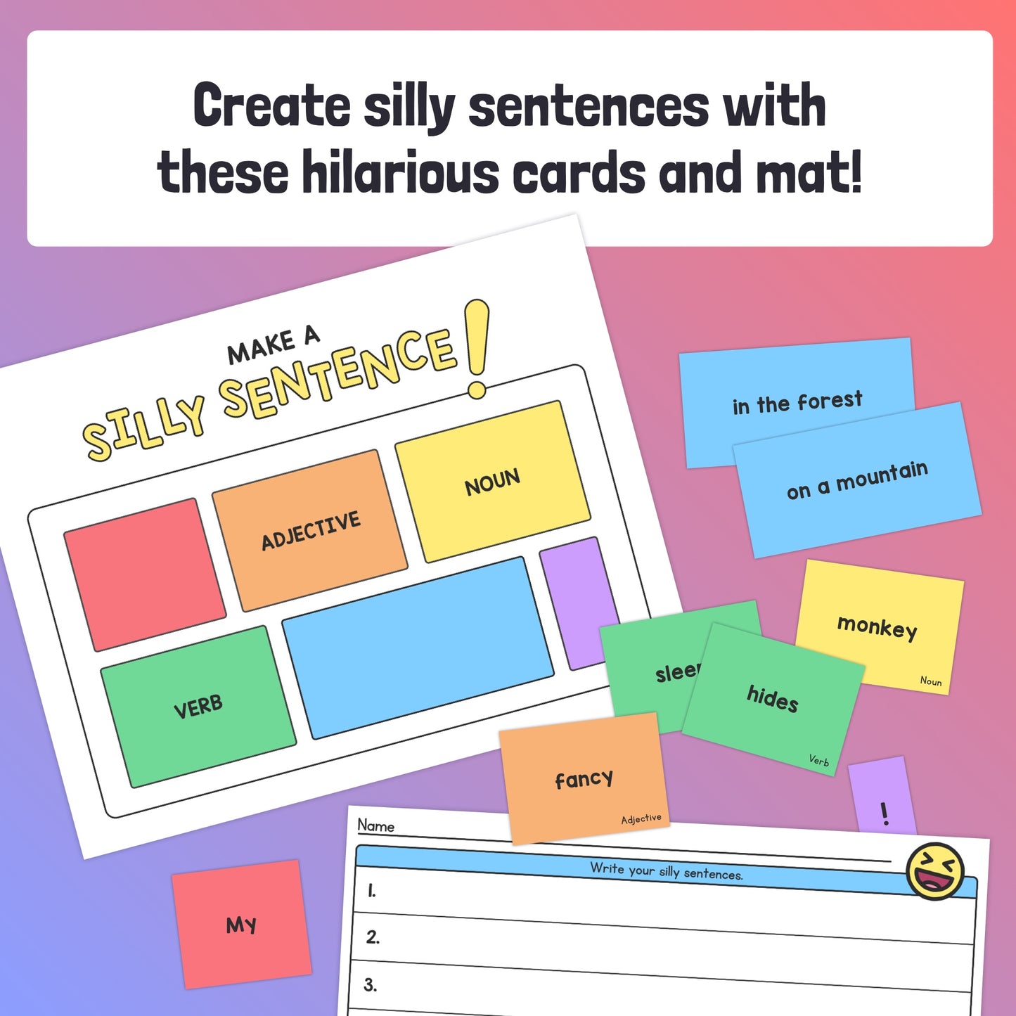 Create silly sentences with cards, a mat, and a worksheet.