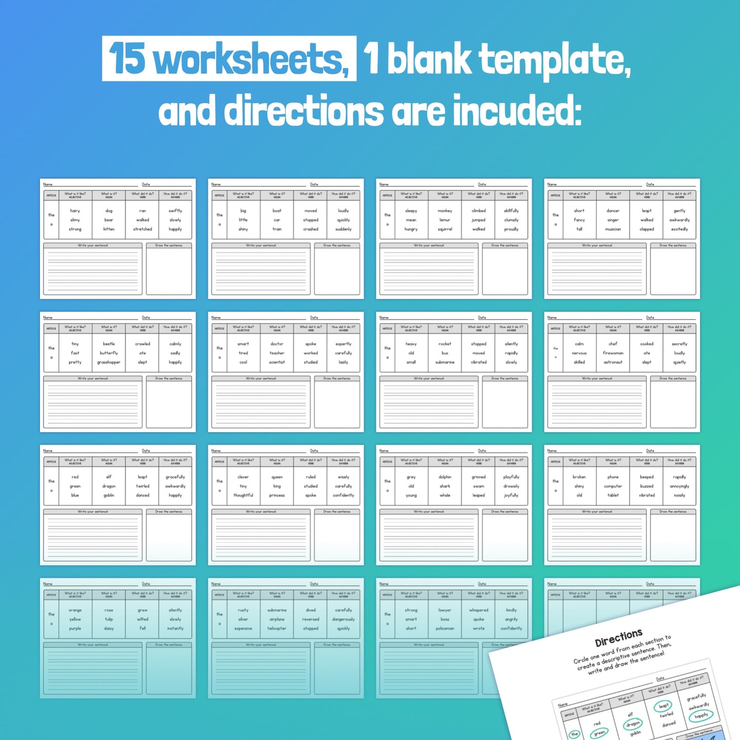 Fifteen worksheets, one blank template, and directions displayed on a gradient background.